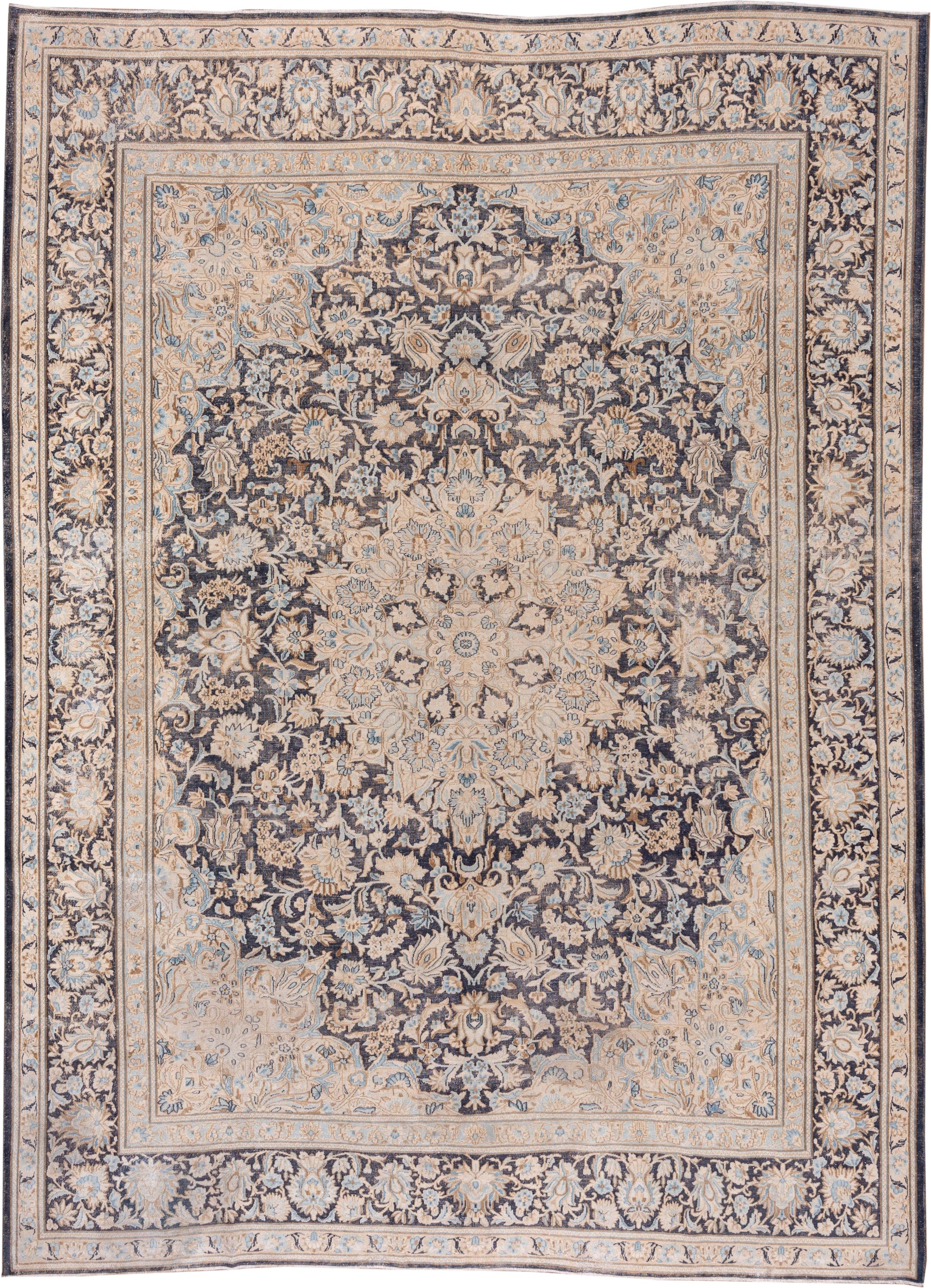 9' x 12' one-of-a-kind handmade antique Kerman large size rug. Color palette: ivory, navy, beige, pale blue, taupe, charcoal