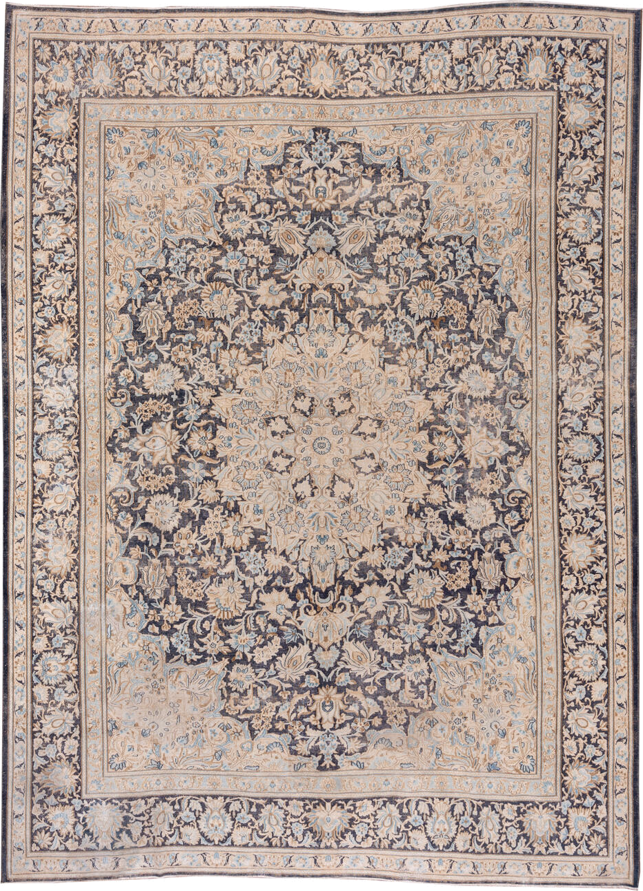 9' x 12' one-of-a-kind handmade vintage Kerman large size rug. Color palette: black, blue, brown, dark gray, gray