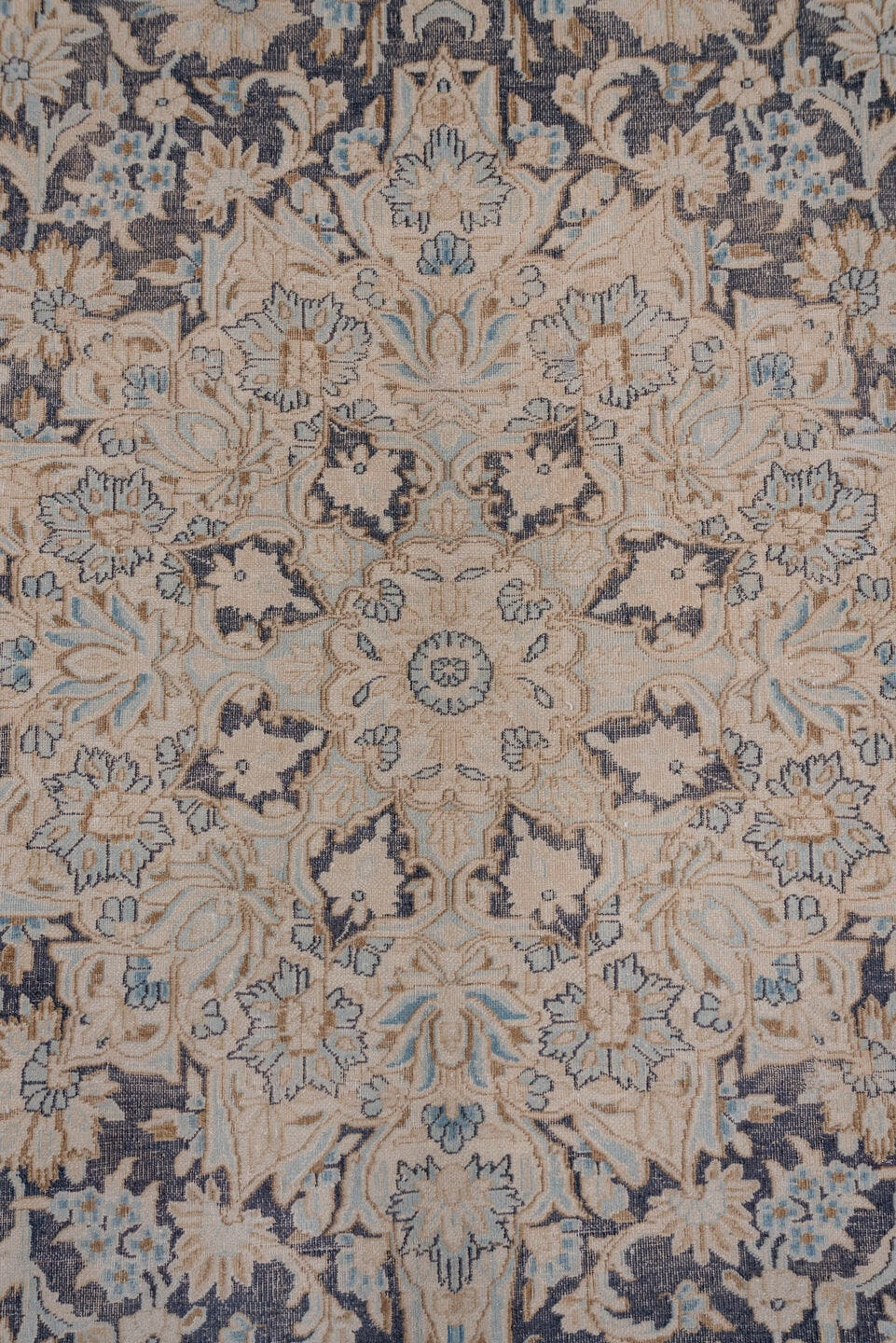9' x 12' one-of-a-kind handmade antique Kerman large size rug. Color palette: ivory, navy, beige, pale blue, taupe, charcoal