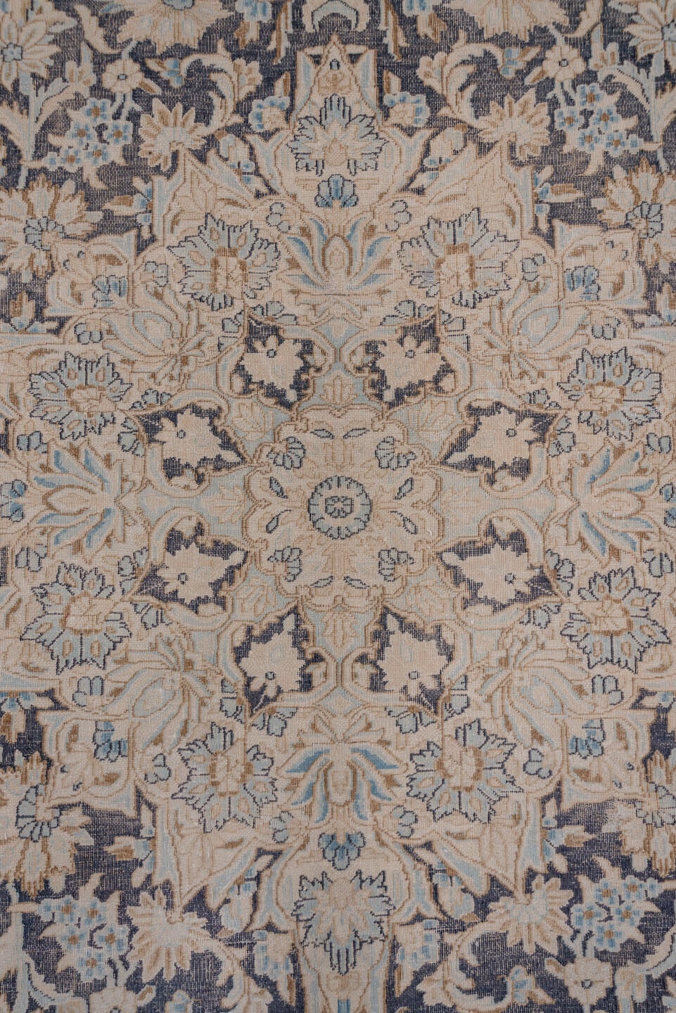 9' x 12' one-of-a-kind handmade antique Kerman large size rug. Color palette: ivory, navy, beige, pale blue, taupe, charcoal