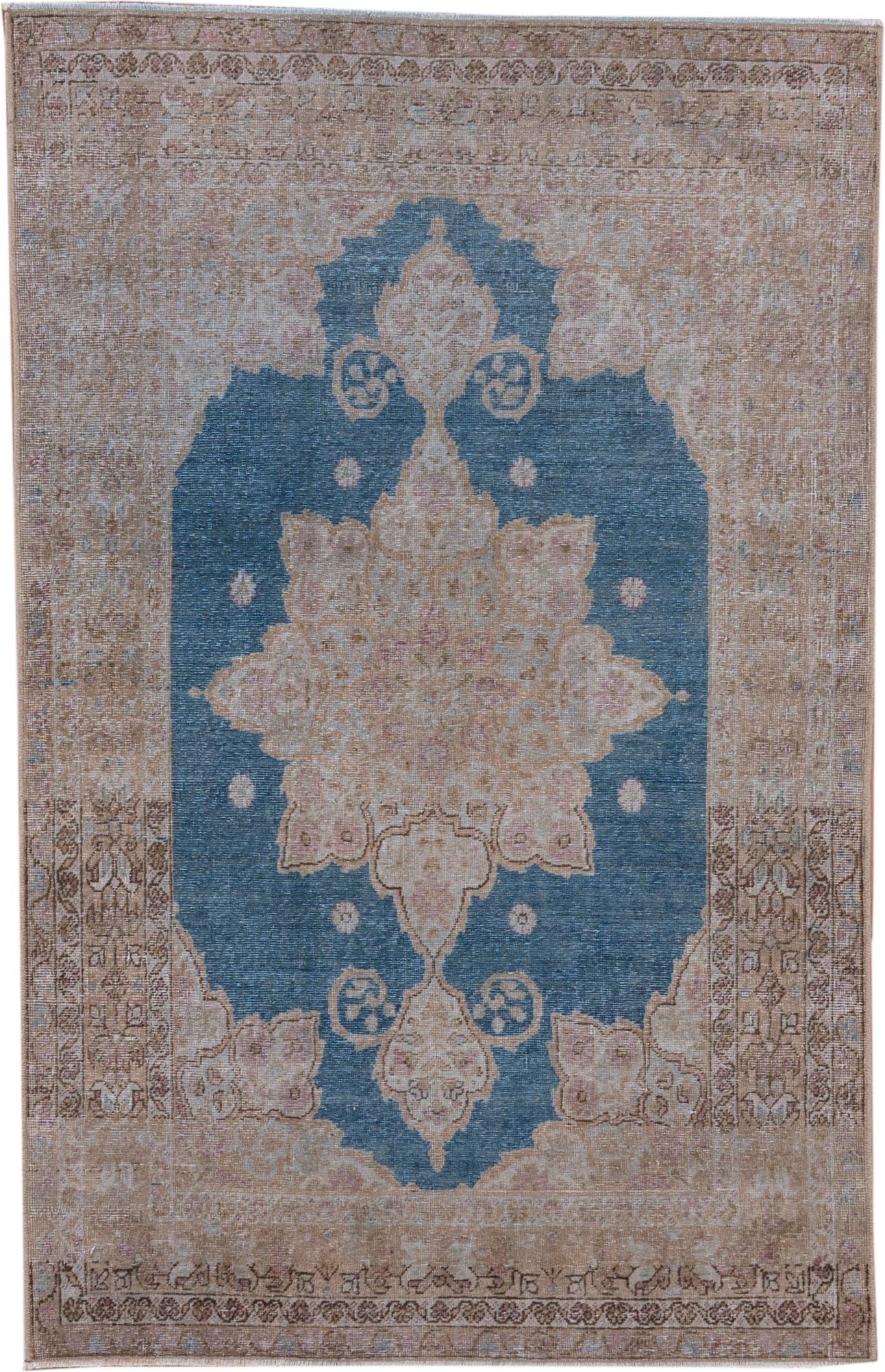 3' x 6' one-of-a-kind handmade antique Sivas small size rug. Color palette: beige, blue, taupe, blush, ivory, brown, gray