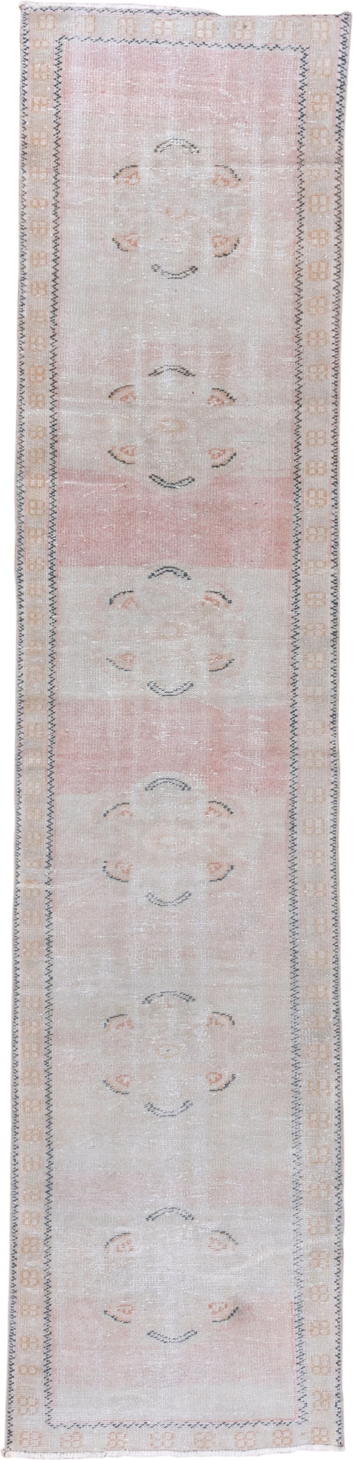 2' x 11' one-of-a-kind handmade antique Oushak runner rug. Color palette: blush, ivory, pale peach, taupe, slate, pink