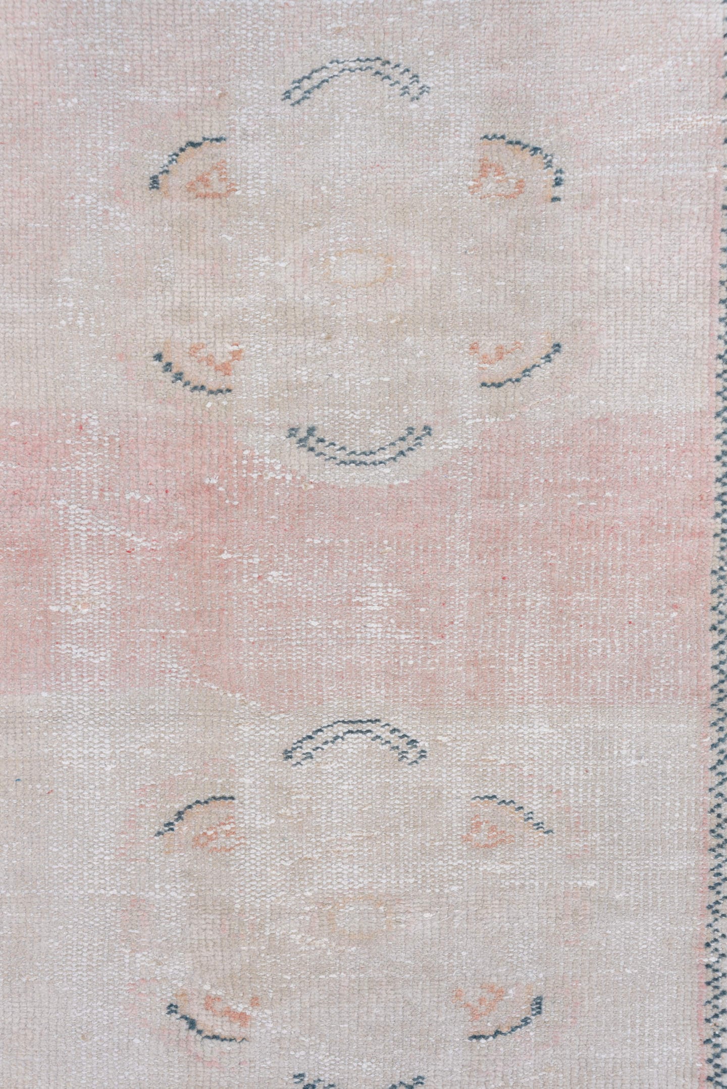 2' x 11' one-of-a-kind handmade antique Oushak runner rug. Color palette: blush, ivory, pale peach, taupe, slate, pink