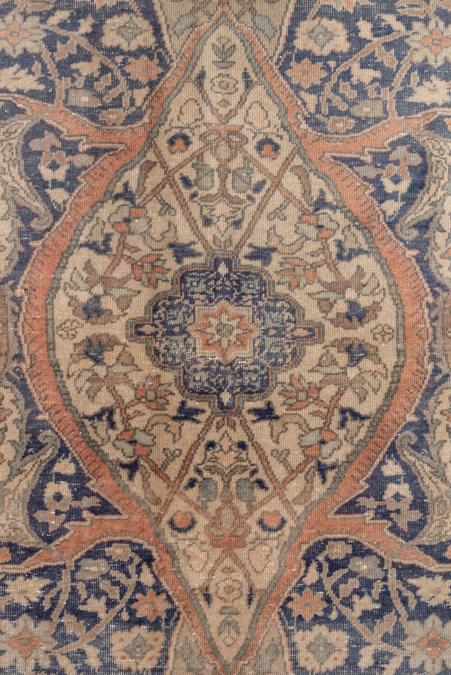 4' x 7' one-of-a-kind handmade vintage Oushak rug. Color palette: beige, taupe, faded blue, ivory, blush, camel, gray, blue