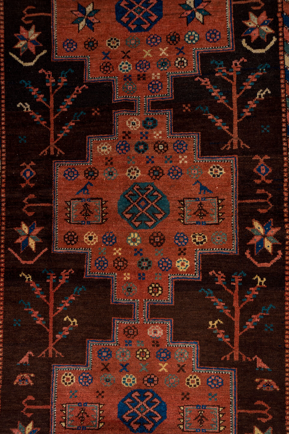 4' x 11' one-of-a-kind handmade vintage Malayer runner rug. Color palette: blue, brown, gray, light gray, pink, red