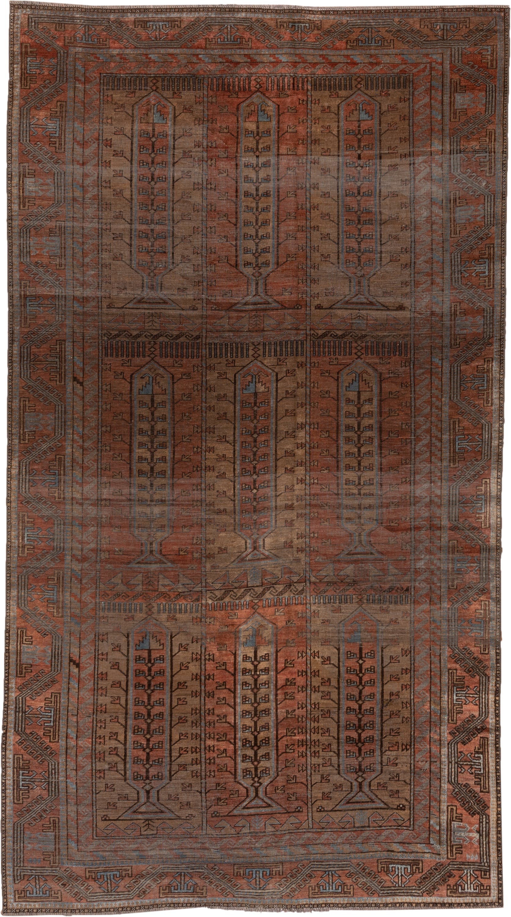 5' x 9' one-of-a-kind handmade antique Belouch large size rug. Color palette: rust, brown, slate, taupe, charcoal