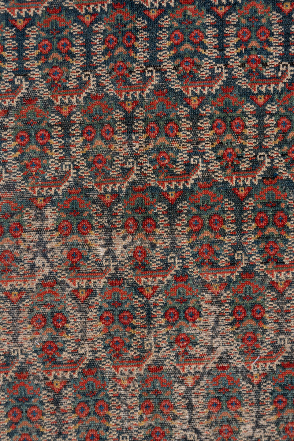 6' x 17' one-of-a-kind handmade antique Malayer rug. Color palette: navy, rust, ivory, brick, slate, camel, charcoal, blue