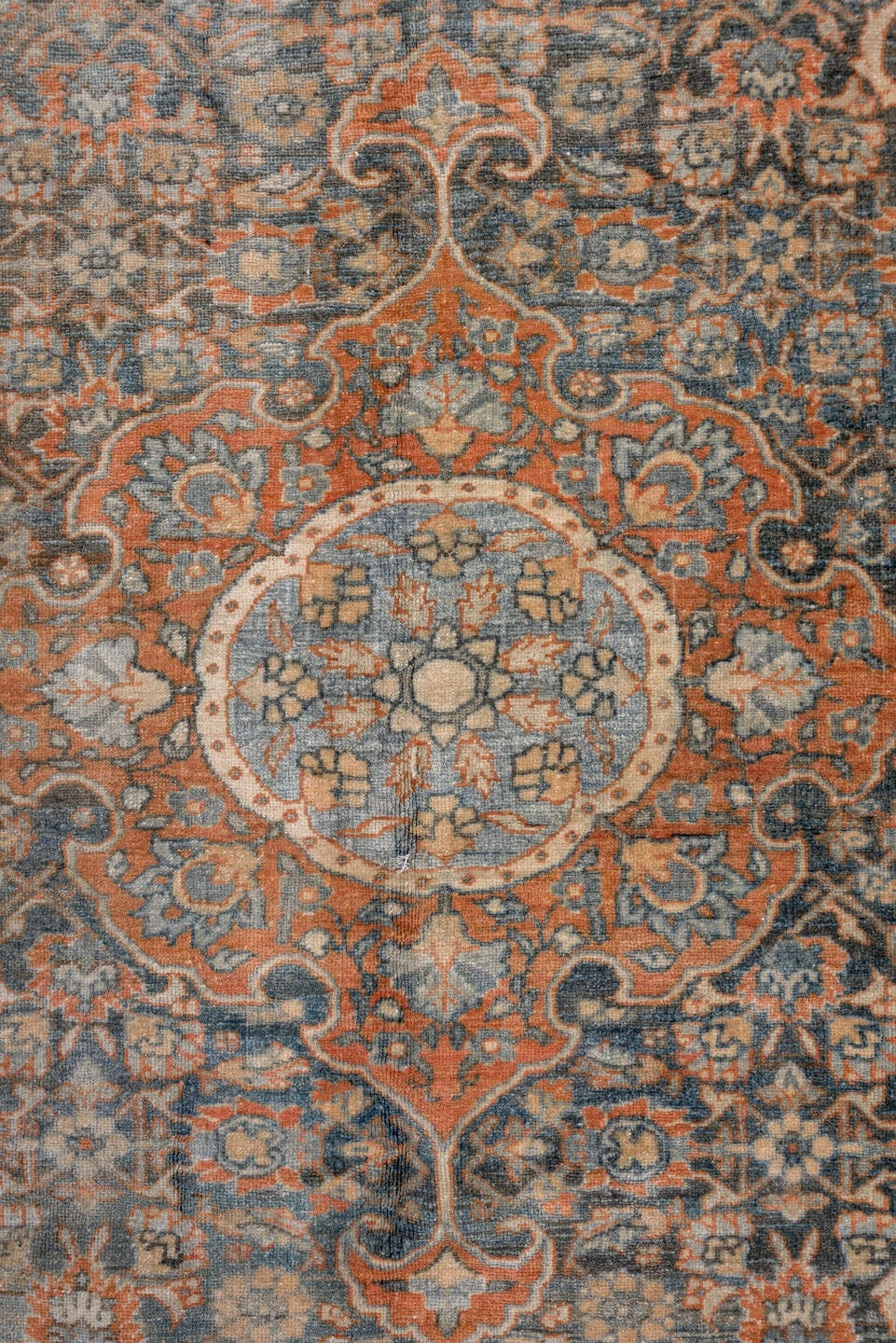 4' x 6' one-of-a-kind handmade antique Bidjar small size rug. Color palette: navy, rust, ivory, pale blue, camel, taupe