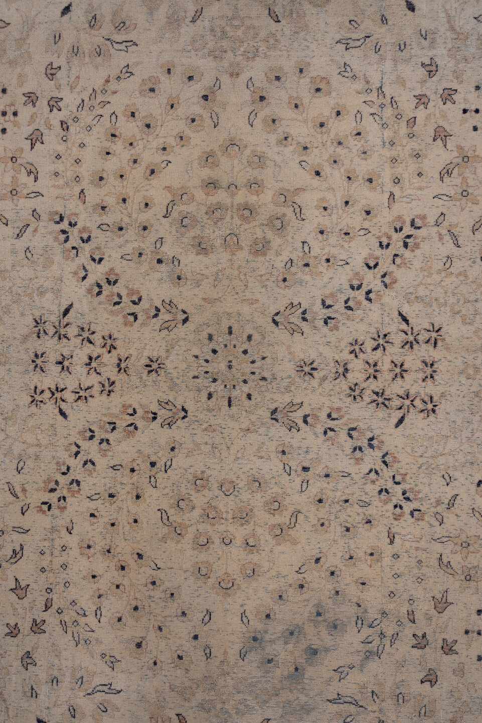 8' x 11' one-of-a-kind handmade antique Kashan large size rug. Color palette: ivory, beige, taupe, slate, dusty blue, camel