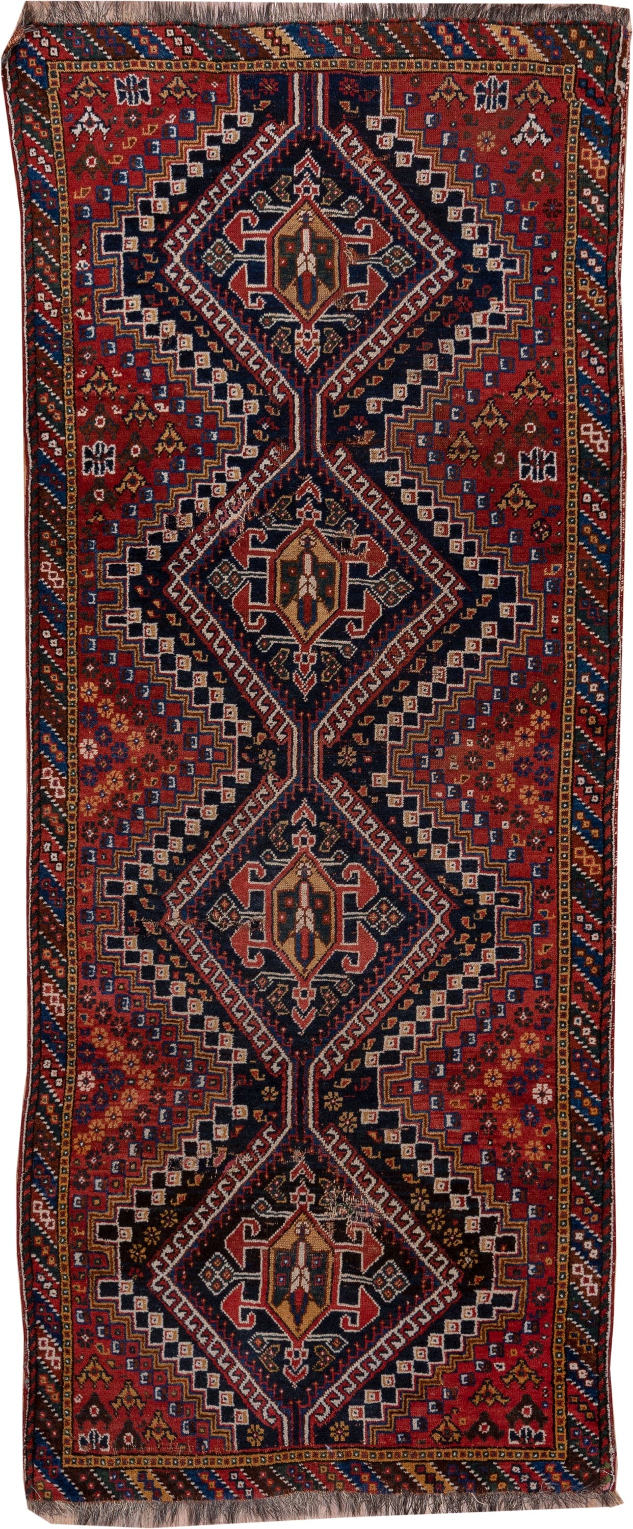 3' x 9' one-of-a-kind handmade antique Shiraz runner rug. Color palette: rust, navy, ivory, indigo, camel, gold, crimson