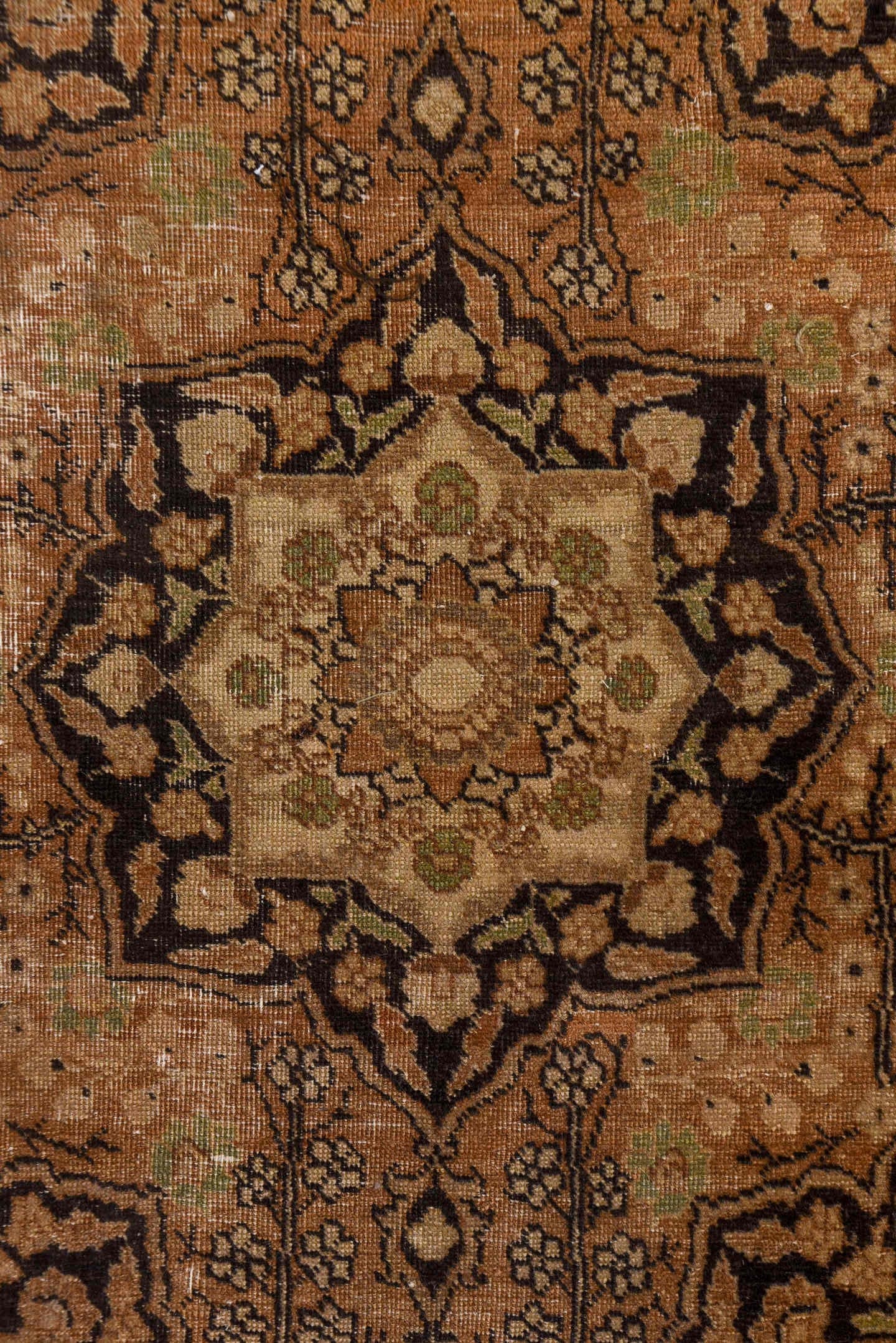 4' x 5' one-of-a-kind handmade antique Tabriz small size rug. Color palette: taupe, camel, brown, ivory, rose, terra cotta