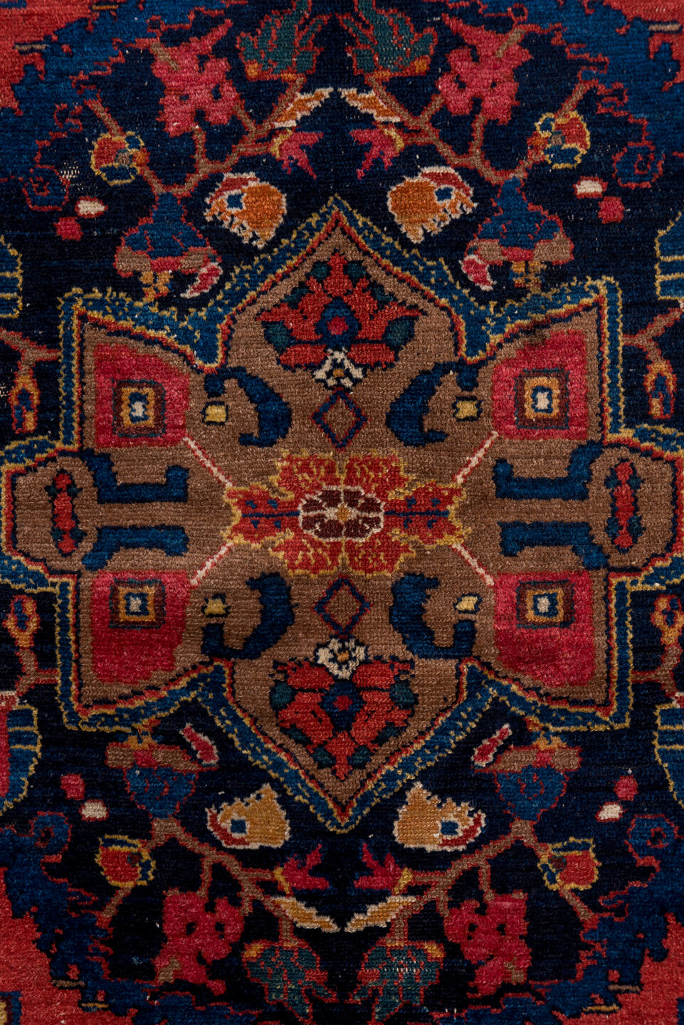 3' x 4' one-of-a-kind handmade antique Senne small size rug. Color palette: rust, navy, ivory, camel, crimson, indigo, rose