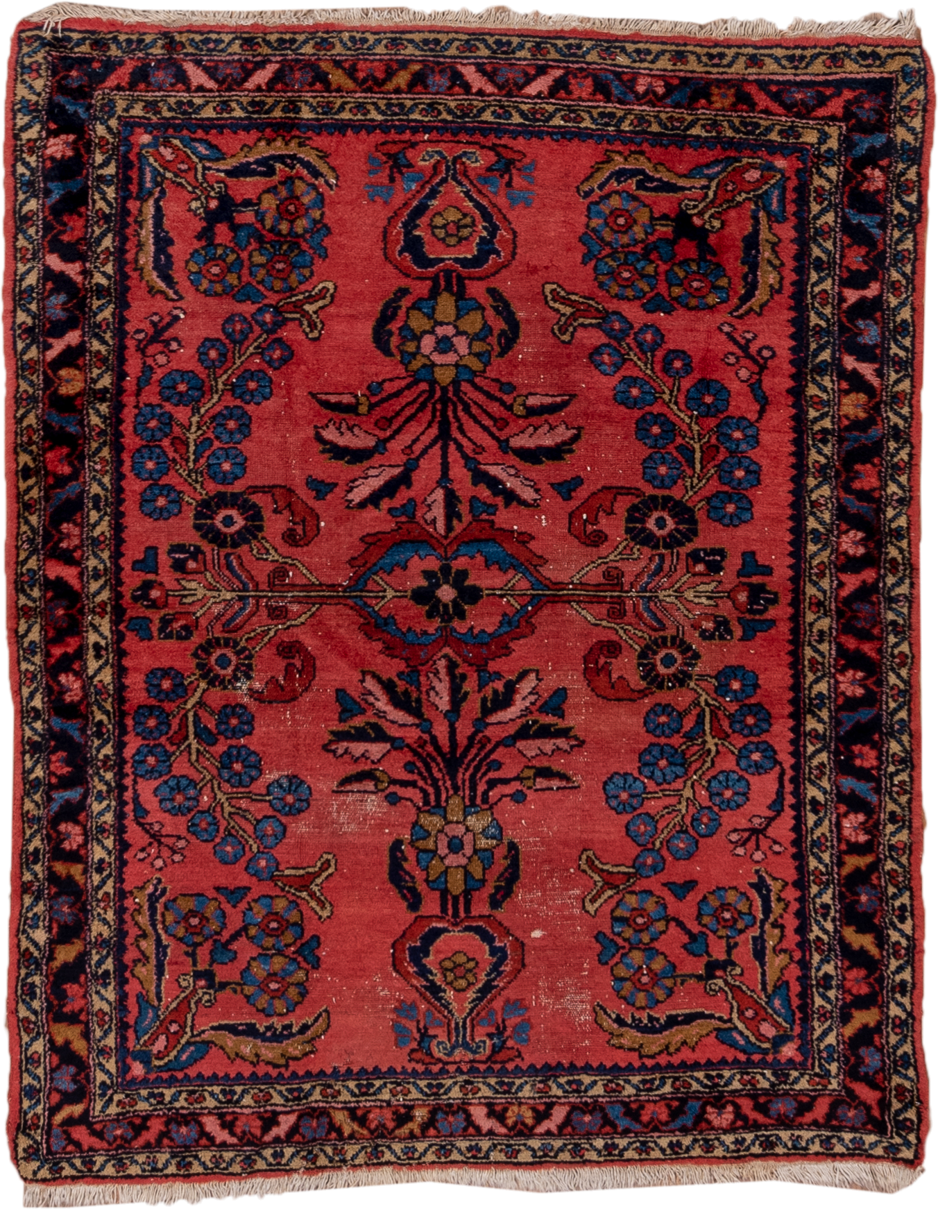 3' x 4' one-of-a-kind handmade antique Lilian small size rug. Color palette: rose, navy, cobalt, ivory, rust, camel, crimson