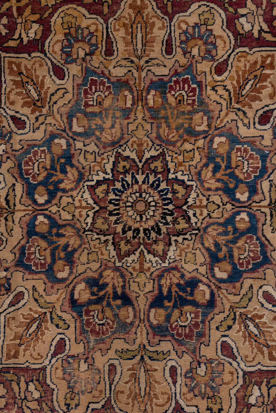 4' x 7' one-of-a-kind handmade vintage Lavar rug. Color palette: rust, navy, ivory, camel, taupe, slate, burgundy, brown