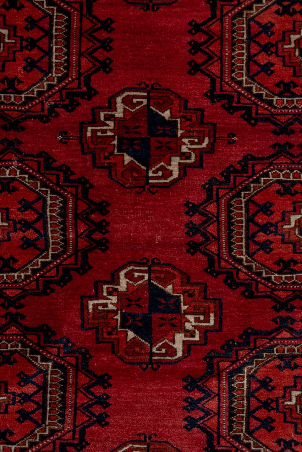 4' x 5' one-of-a-kind handmade antique Torkaman rug. Color palette: crimson, burgundy, rust, ivory, navy, charcoal, rose