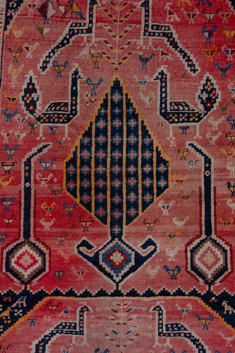3' x 8' one-of-a-kind handmade antique Karabagh runner rug. Color palette: rose, indigo, crimson, ivory, navy, gold, coral