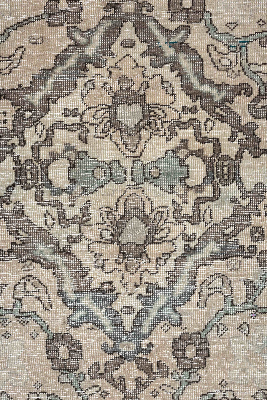 5' x 6' one-of-a-kind handmade vintage Baktiary rug. Color palette: ivory, charcoal, taupe, pale aqua, sage, beige, black