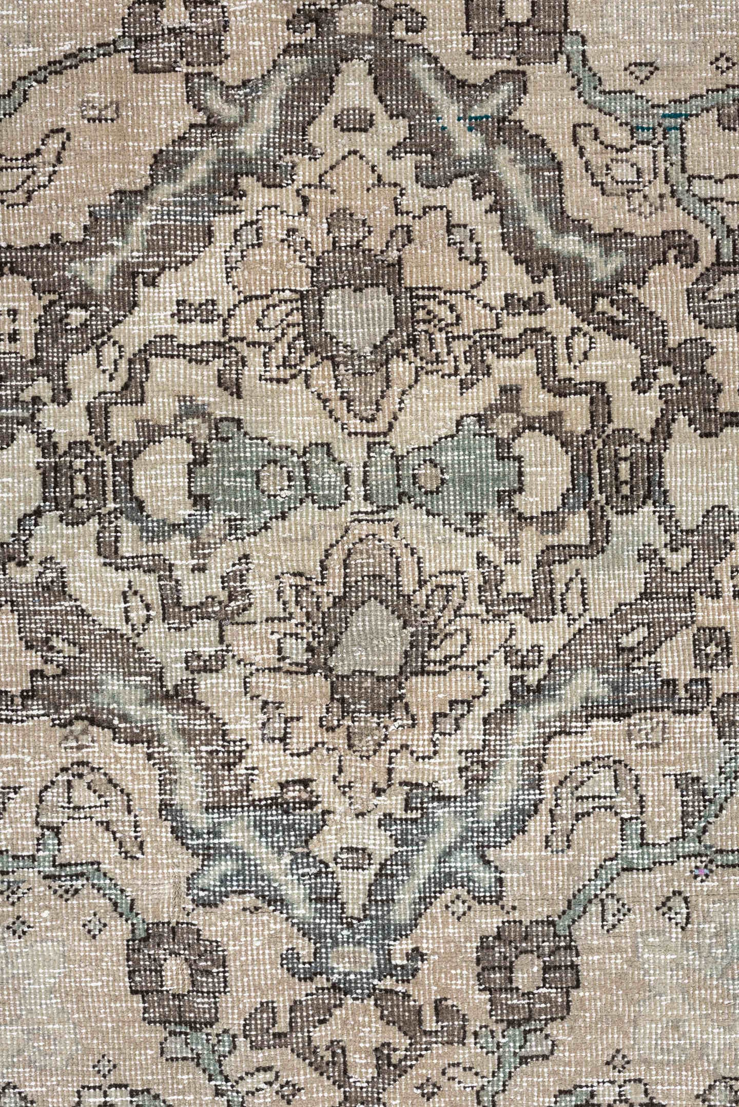 5' x 6' one-of-a-kind handmade vintage Baktiary rug. Color palette: ivory, charcoal, taupe, pale aqua, sage, beige, black