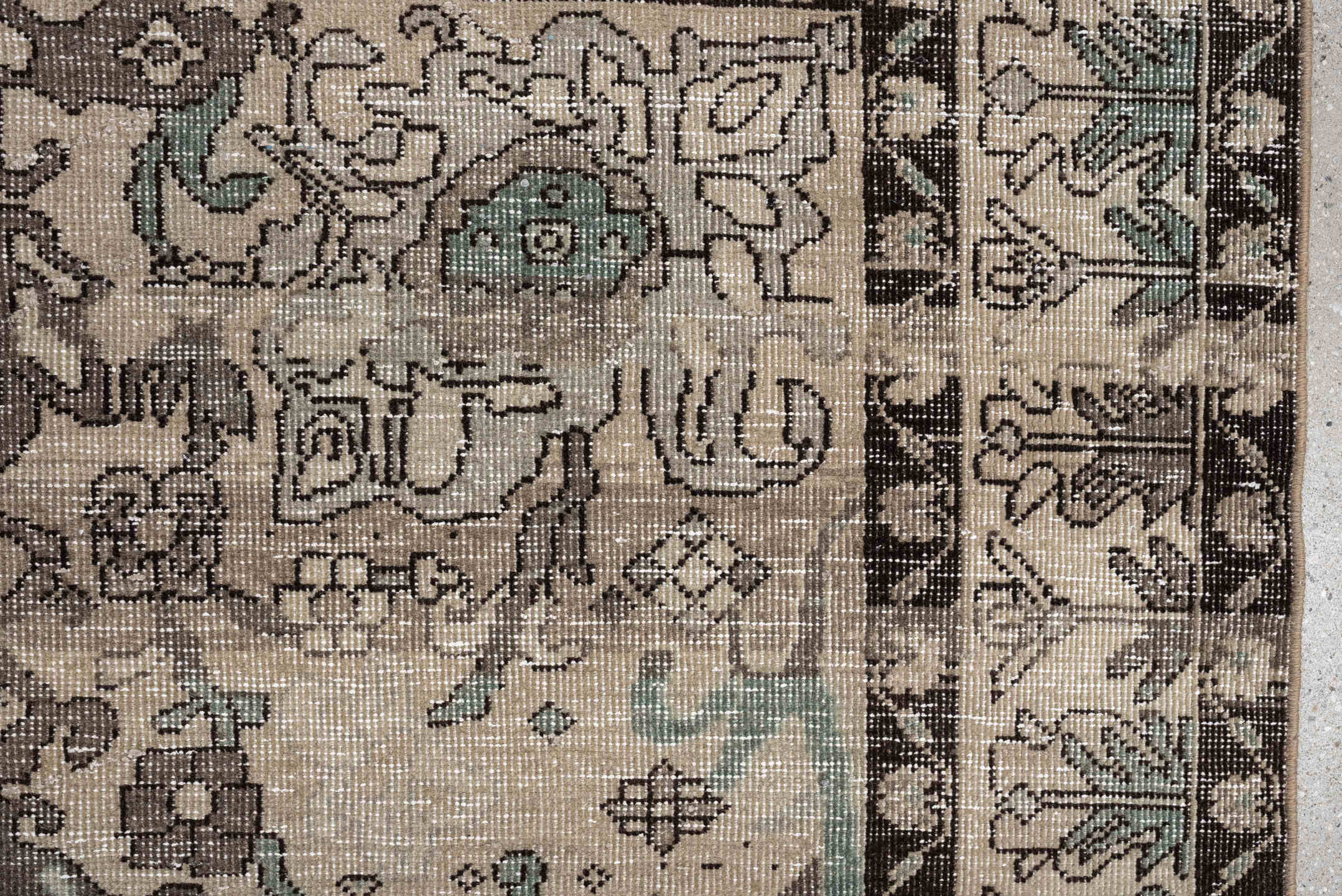 5' x 6' one-of-a-kind handmade vintage Baktiary rug. Color palette: ivory, charcoal, taupe, pale aqua, sage, beige, black