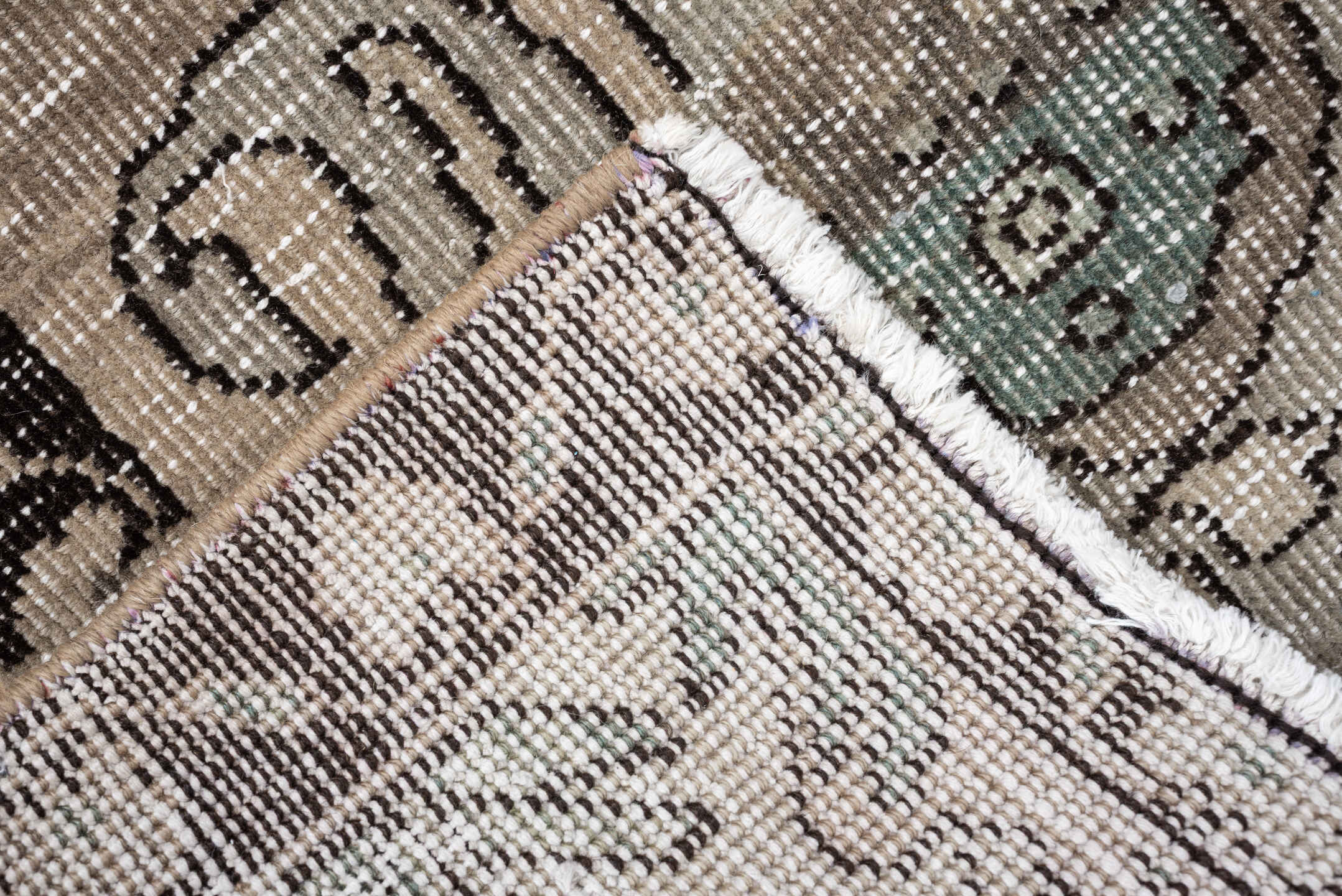5' x 6' one-of-a-kind handmade vintage Baktiary rug. Color palette: ivory, charcoal, taupe, pale aqua, sage, beige, black