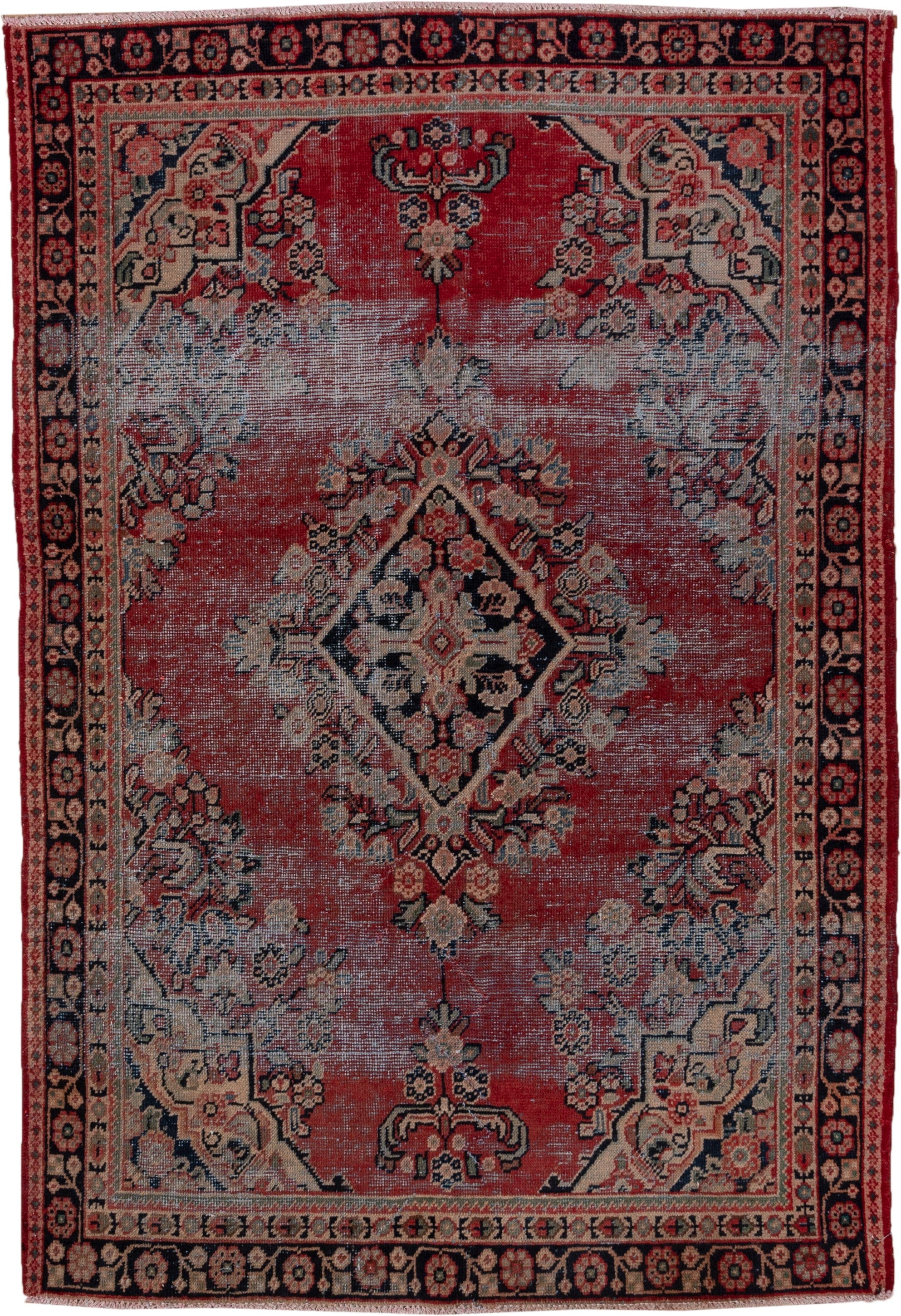 4' x 6' one-of-a-kind handmade vintage Mahal small size rug. Color palette: terracotta, navy, ivory, rose, slate, charcoal