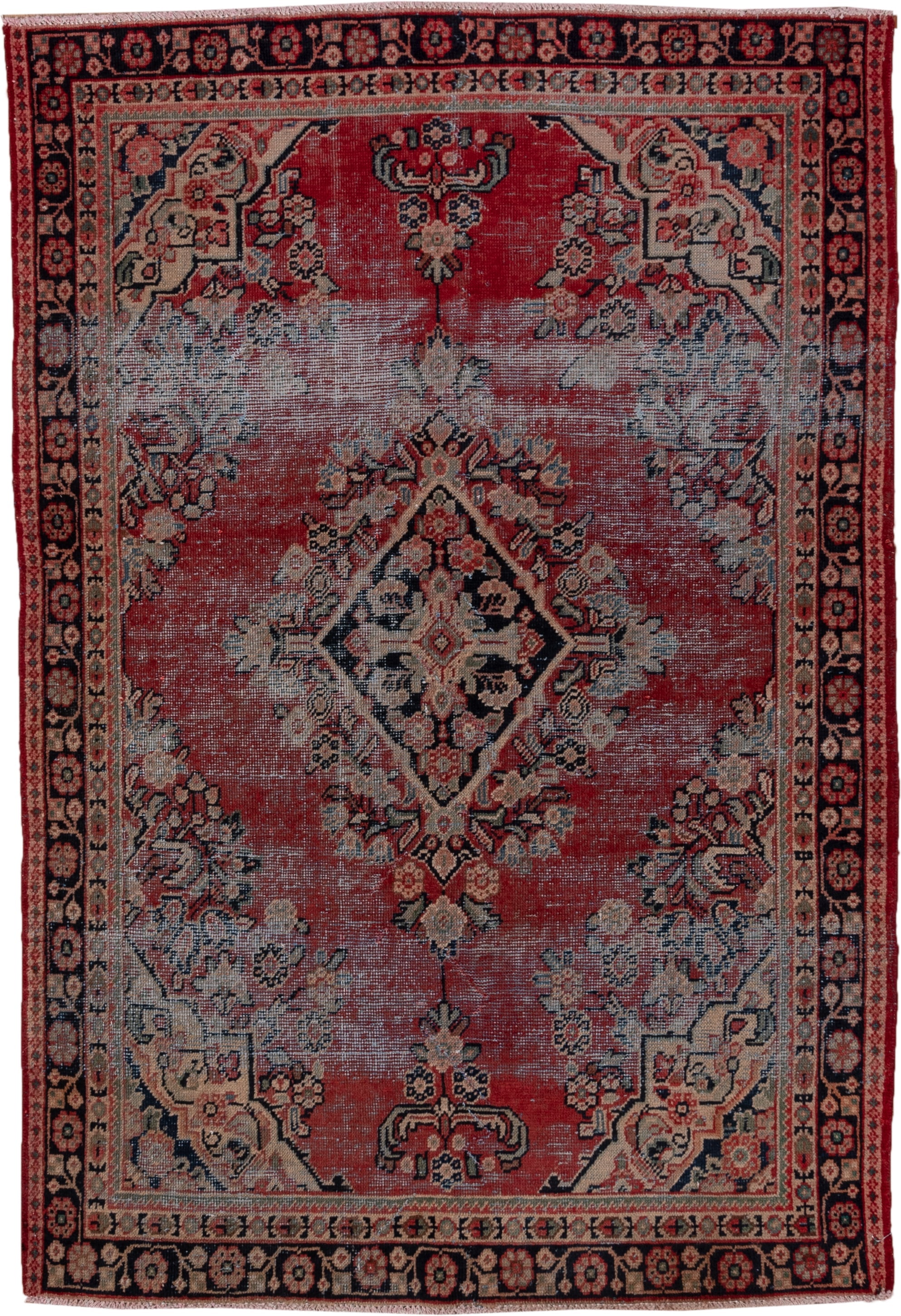 4' x 6' one-of-a-kind handmade vintage Mahal small size rug. Color palette: terracotta, navy, ivory, rose, slate, charcoal