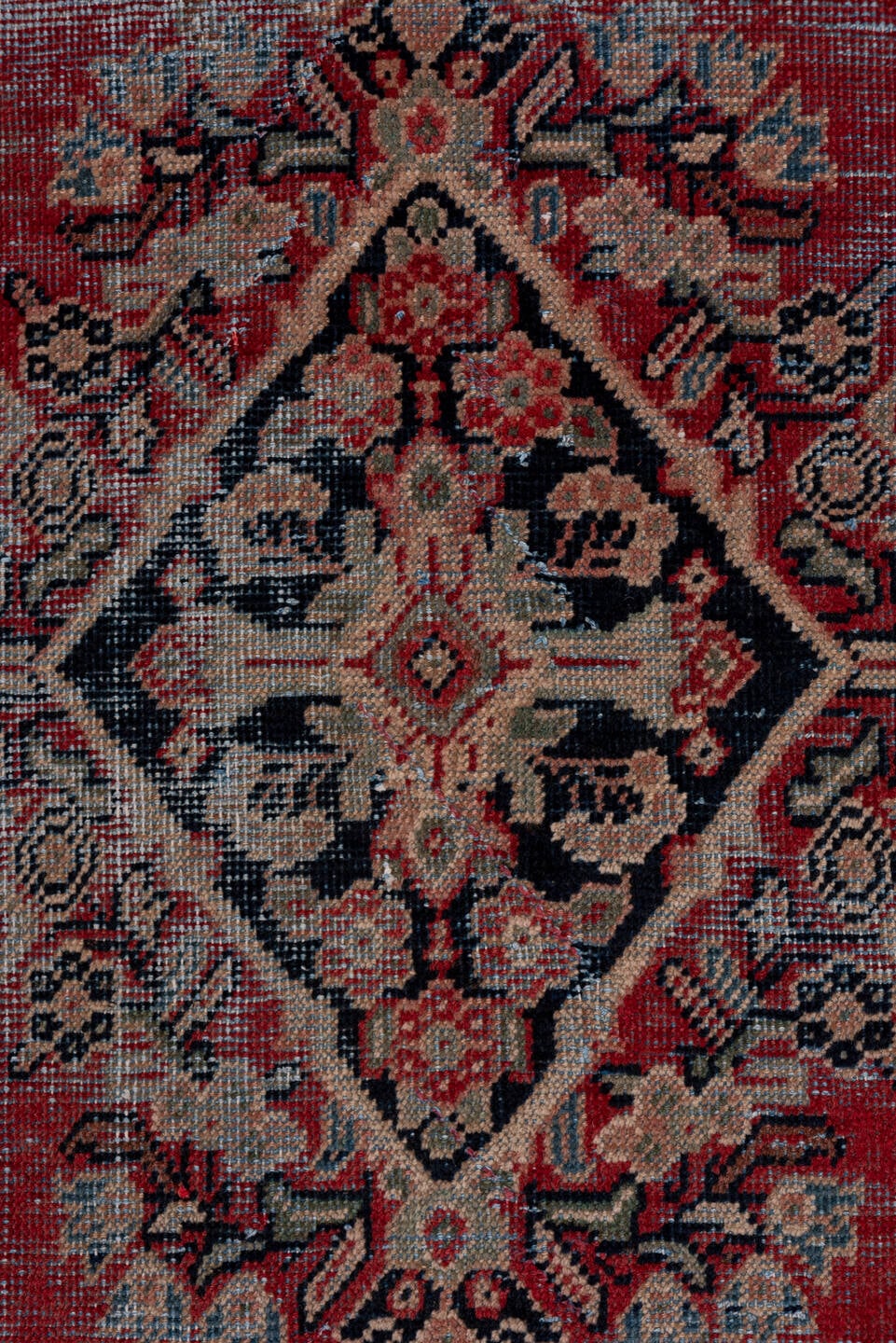 4' x 6' one-of-a-kind handmade vintage Mahal small size rug. Color palette: terracotta, navy, ivory, rose, slate, charcoal