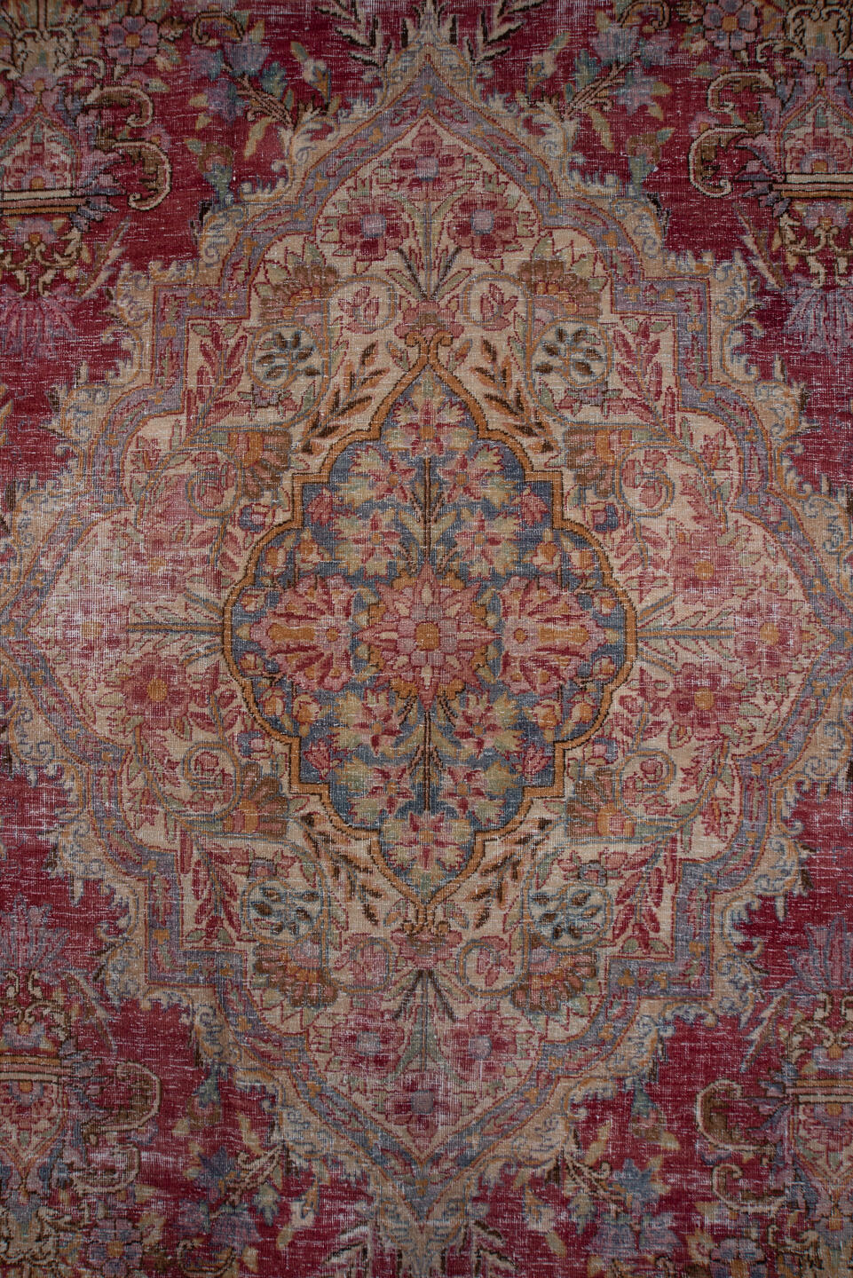 8' x 12' one-of-a-kind handmade vintage Kerman large size rug. Color palette: rose, powder blue, ivory, dusty pink, burgundy