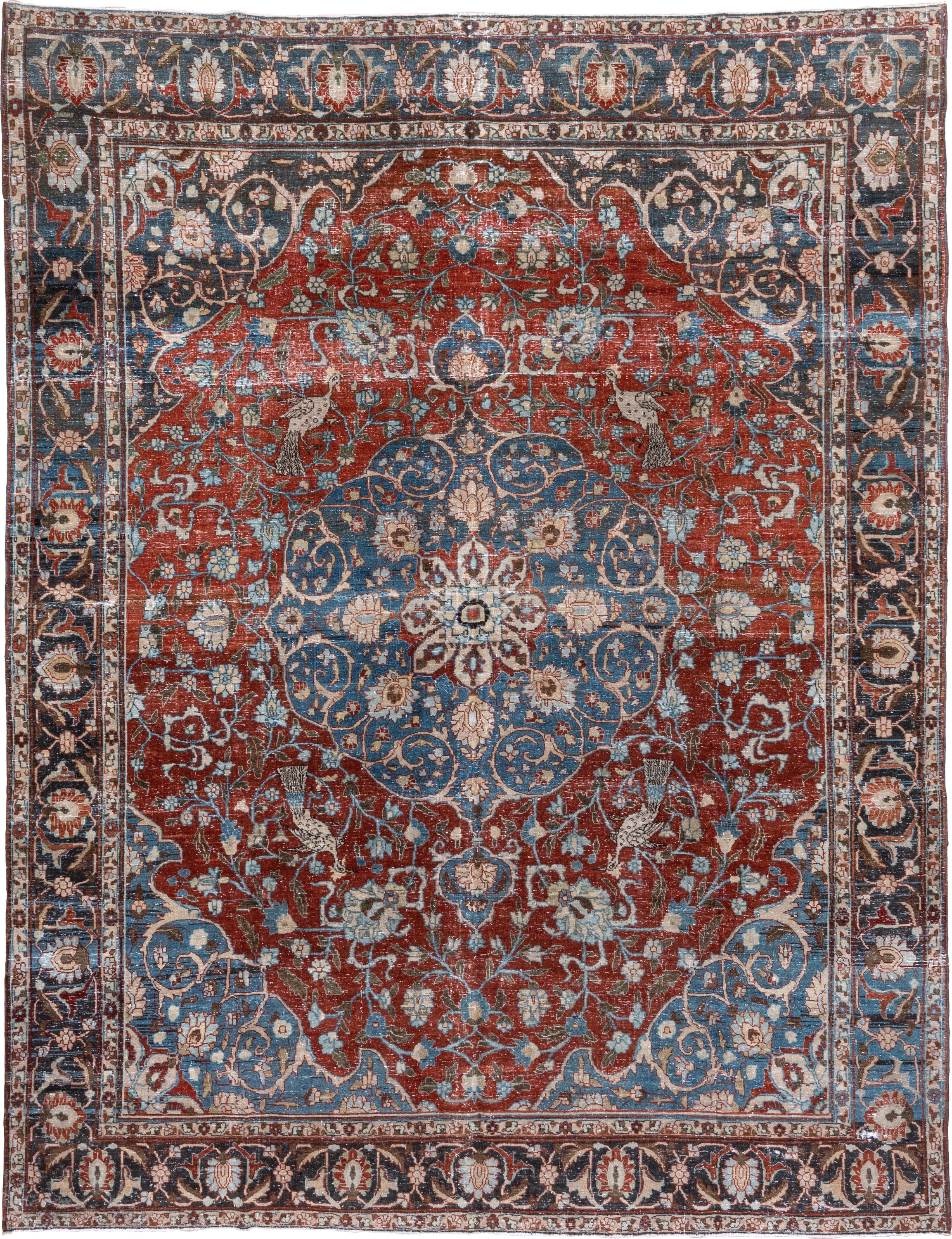 8' x 11' one-of-a-kind handmade antique Tabriz large size rug. Color palette: rust, blue, navy, ivory, beige, camel