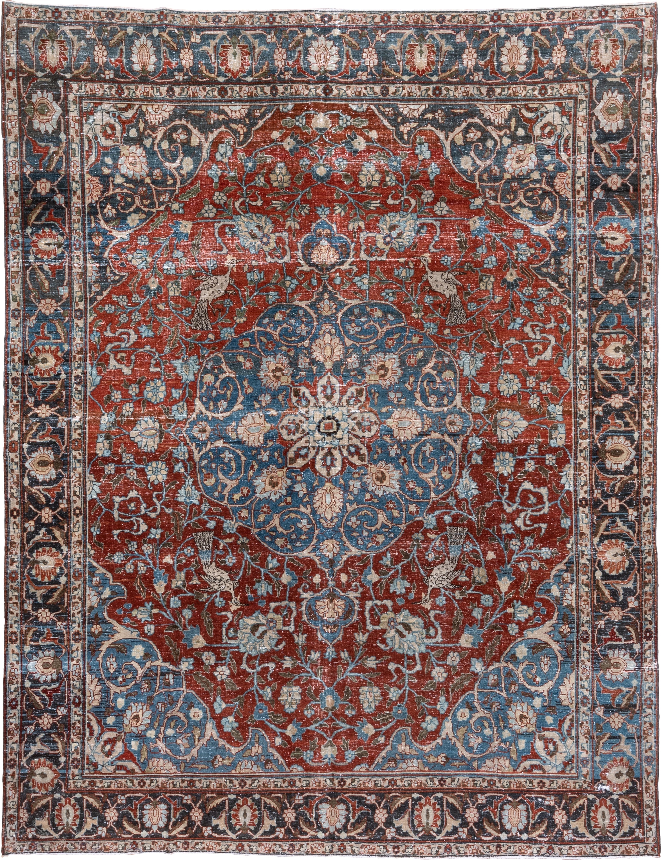 8' x 11' one-of-a-kind handmade antique Tabriz large size rug. Color palette: rust, blue, navy, ivory, beige, camel