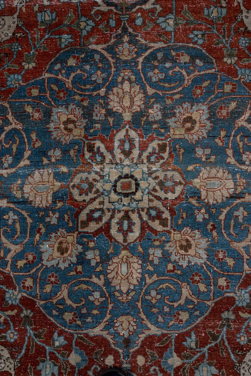 8' x 11' one-of-a-kind handmade antique Tabriz large size rug. Color palette: rust, blue, navy, ivory, beige, camel
