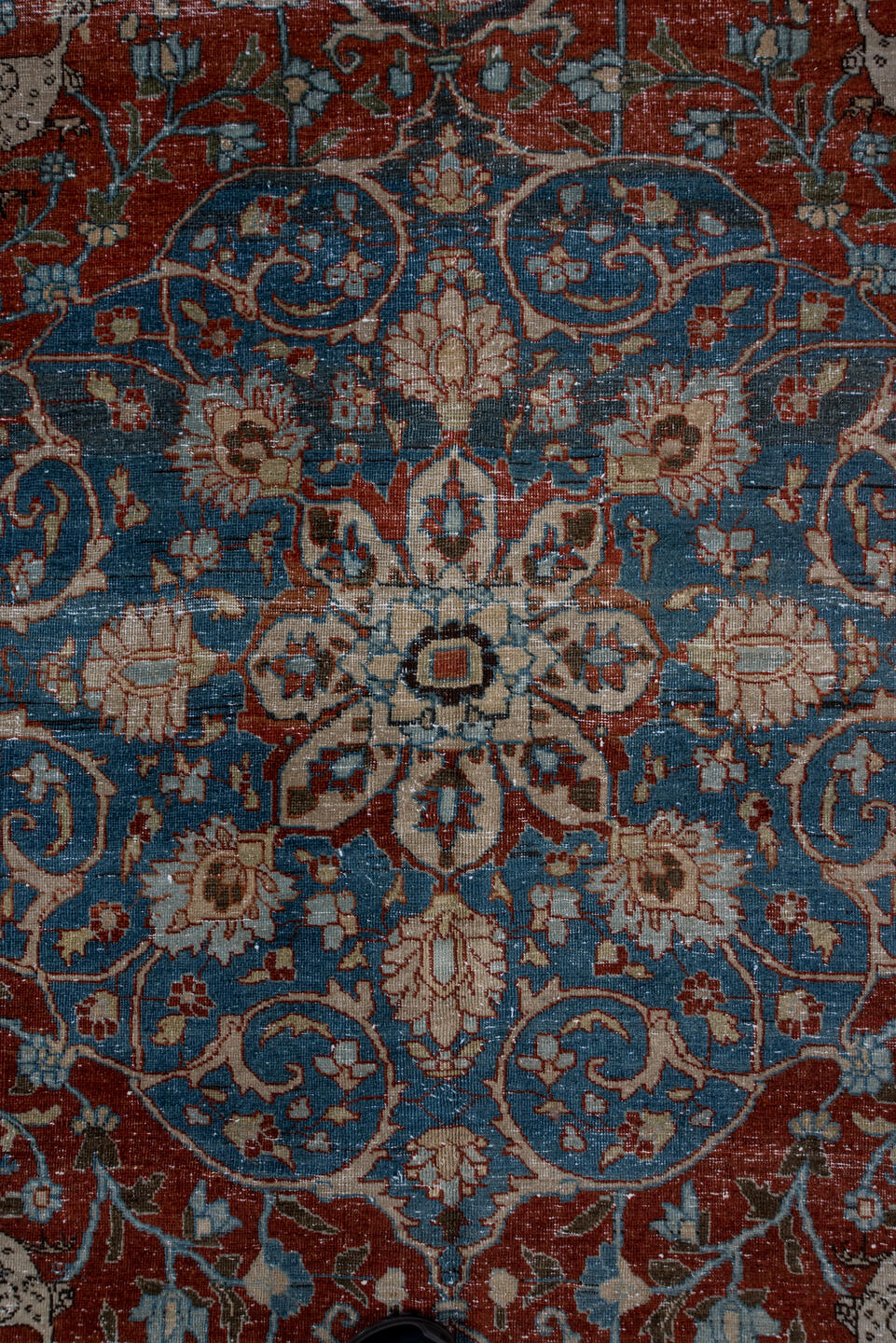 8' x 11' one-of-a-kind handmade vintage Tabriz large size rug. Color palette: arapawa, blue, brown, dark gray, dim gray
