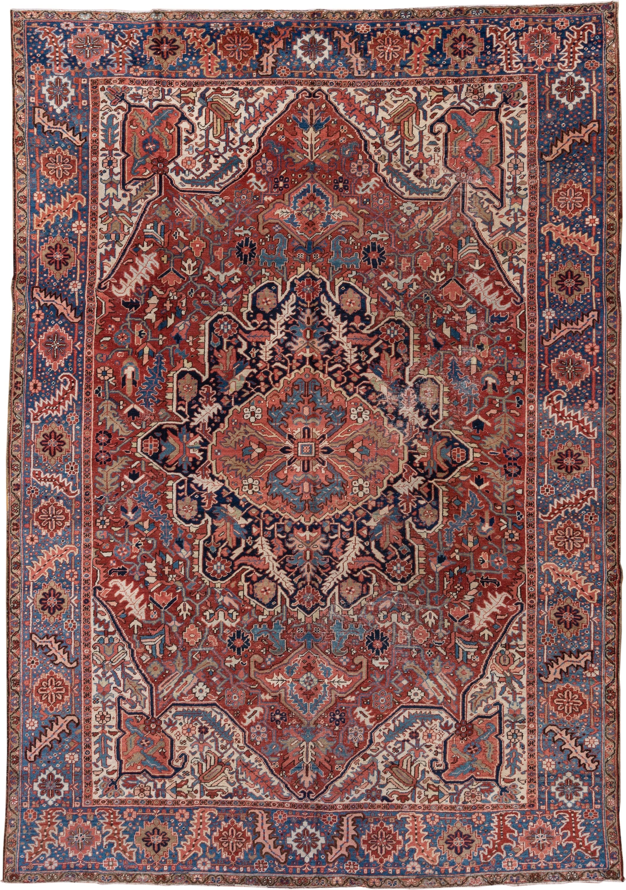 8' x 12' one-of-a-kind handmade antique Heriz large size rug. Color palette: rust, blue, ivory, navy, terra cotta, slate