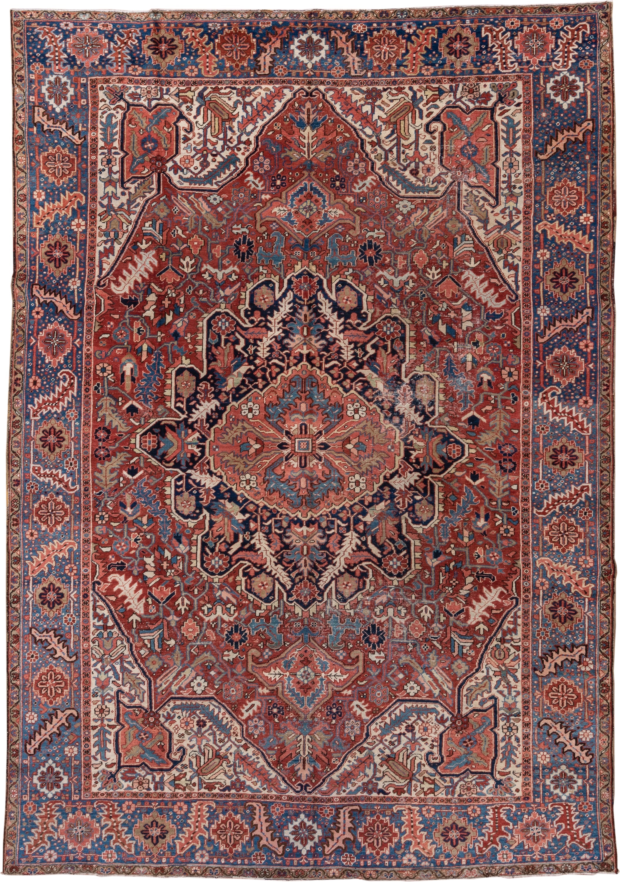 8' x 12' one-of-a-kind handmade antique Heriz large size rug. Color palette: rust, blue, ivory, navy, terra cotta, slate