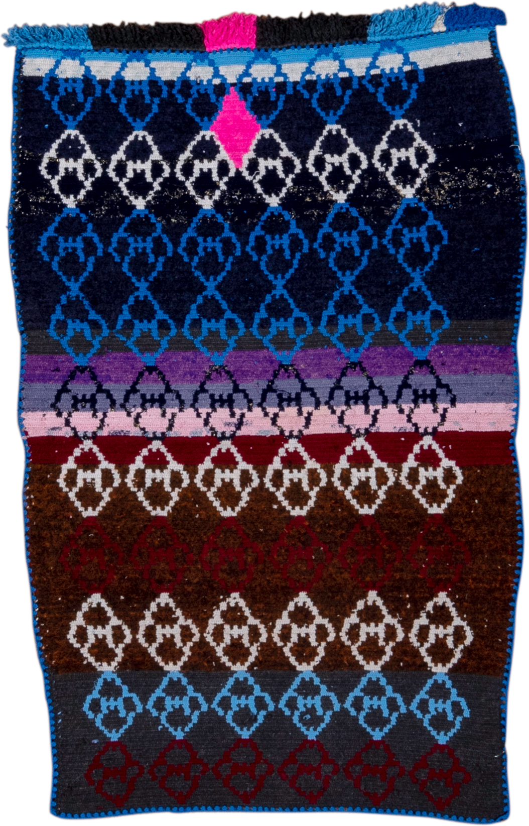 3' x 4' one-of-a-kind handmade vintage Rag Rug small size rug. Color palette: navy, cobalt, brown, ivory, charcoal, plum