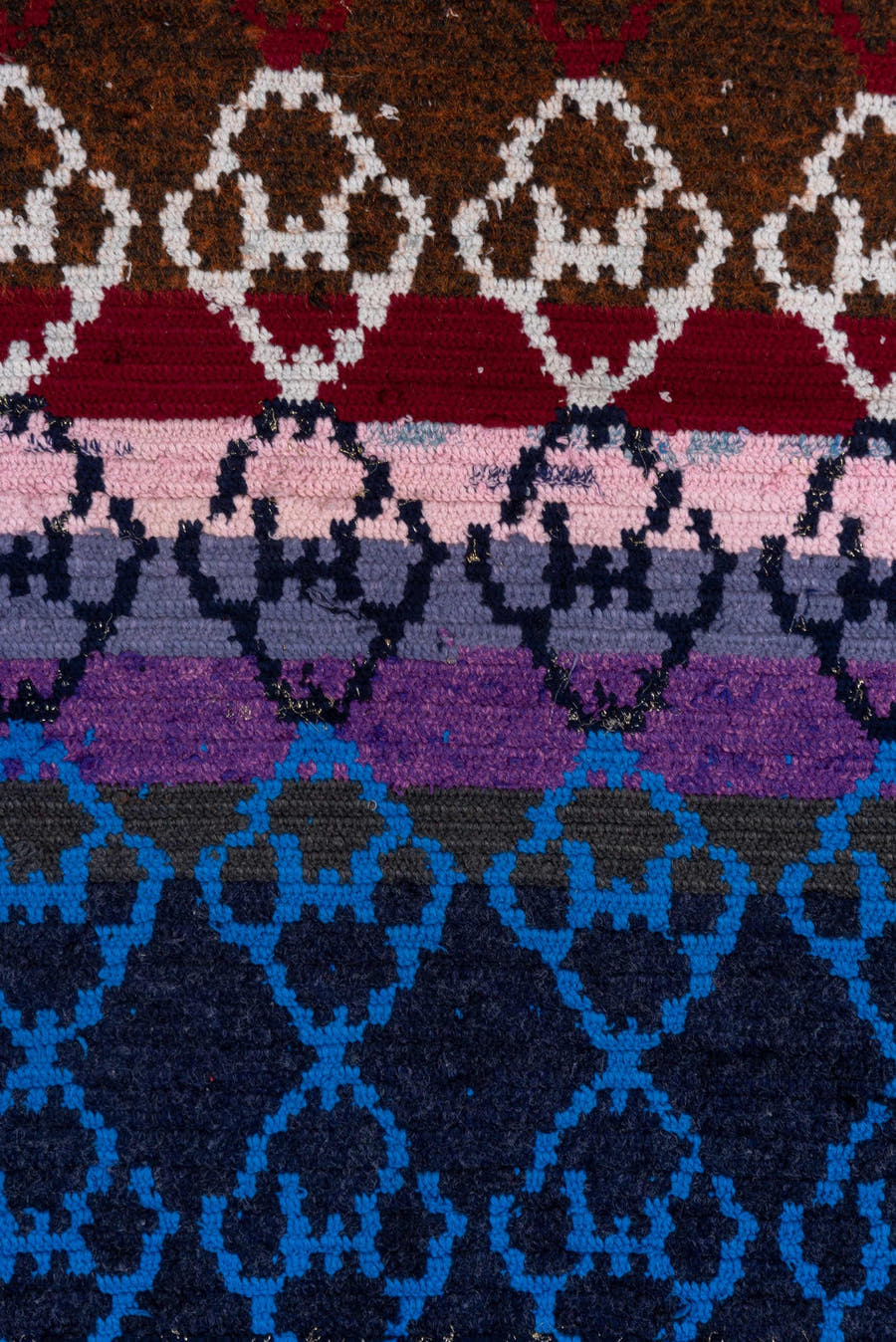 3' x 4' one-of-a-kind handmade vintage Rag Rug small size rug. Color palette: navy, cobalt, brown, ivory, charcoal, plum