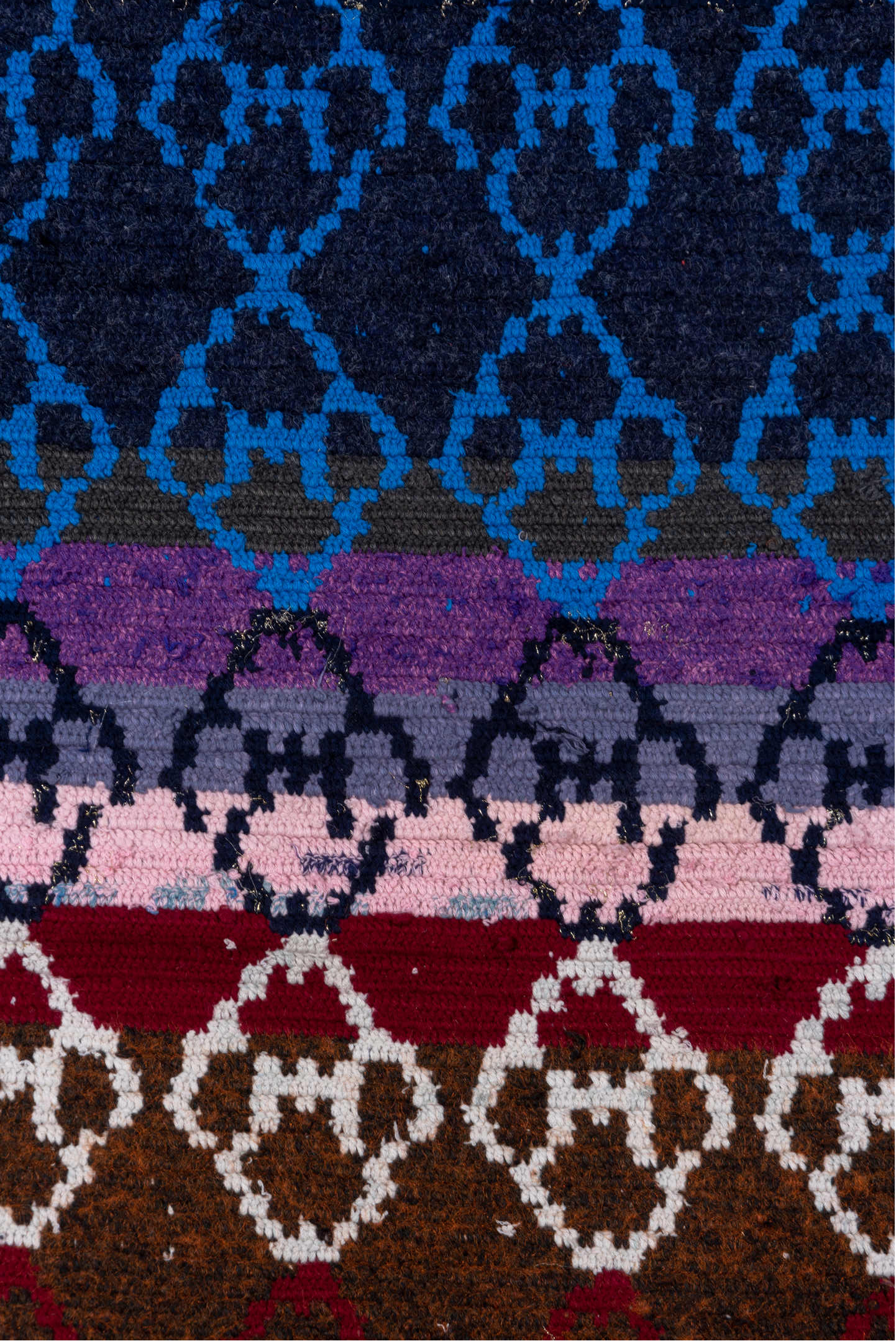 3' x 4' one-of-a-kind handmade vintage Rag Rug small size rug. Color palette: black, blue, dark gray, gray, light gray