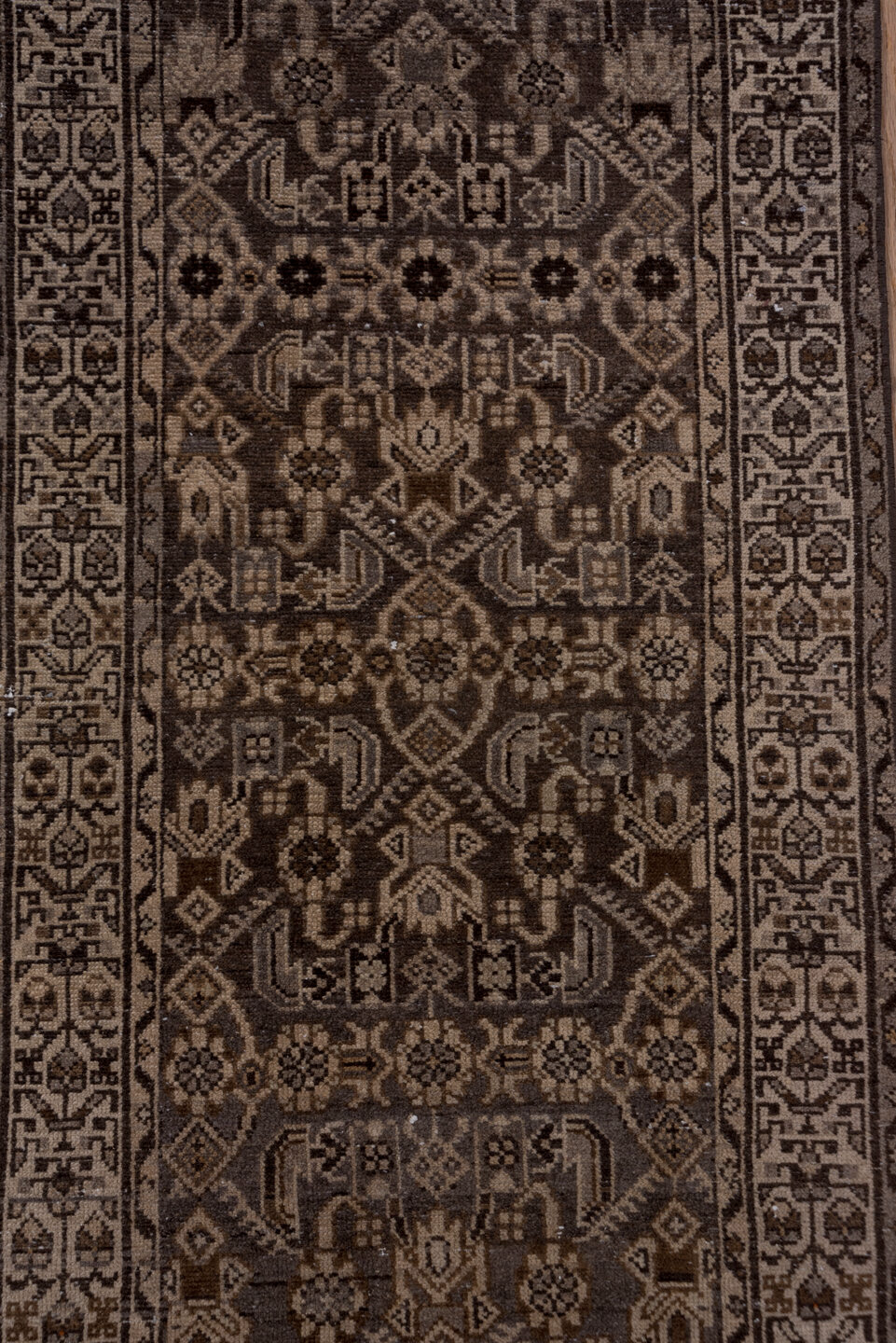 2' x 13' one-of-a-kind handmade vintage Malayer runner rug. Color palette: brown, gray, off-white, pink, snow, white