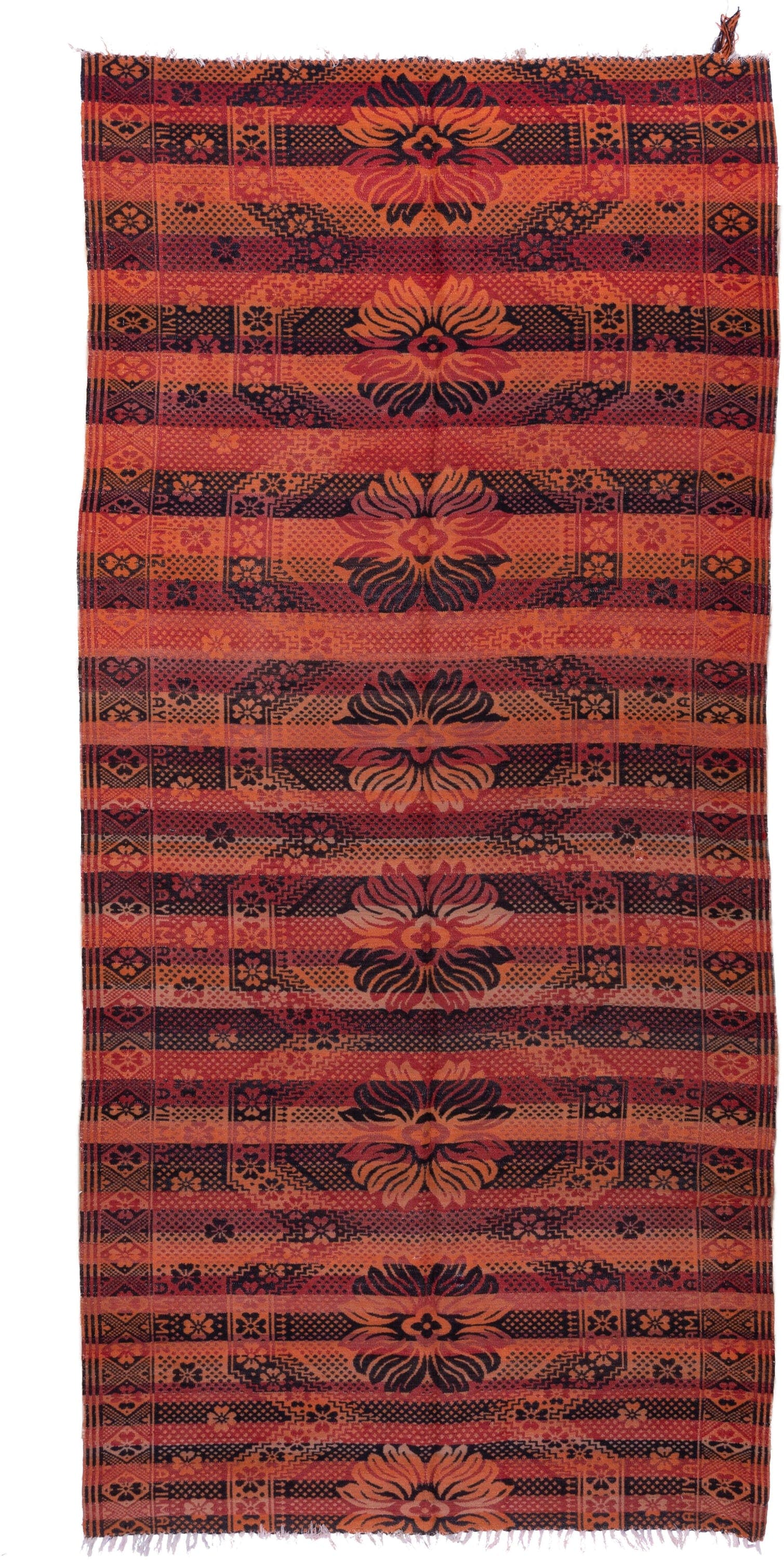 5' x 11' one-of-a-kind handmade antique Kilim rug. Color palette: terra cotta, rust, coral, mahogany, burgundy, rose