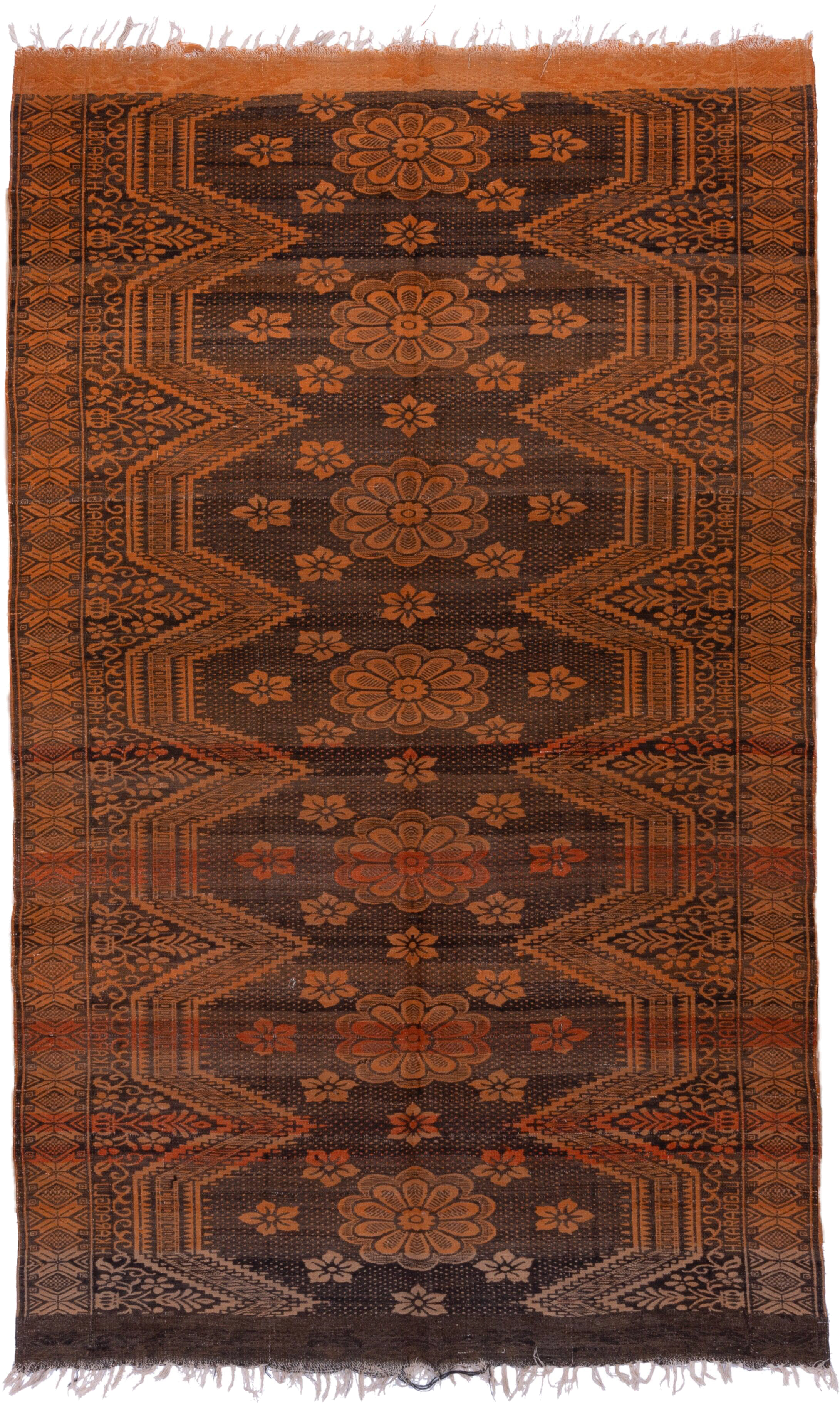 6' x 9' one-of-a-kind handmade antique Kilim medium size rug. Color palette: brown, terra cotta, rust, camel, charcoal