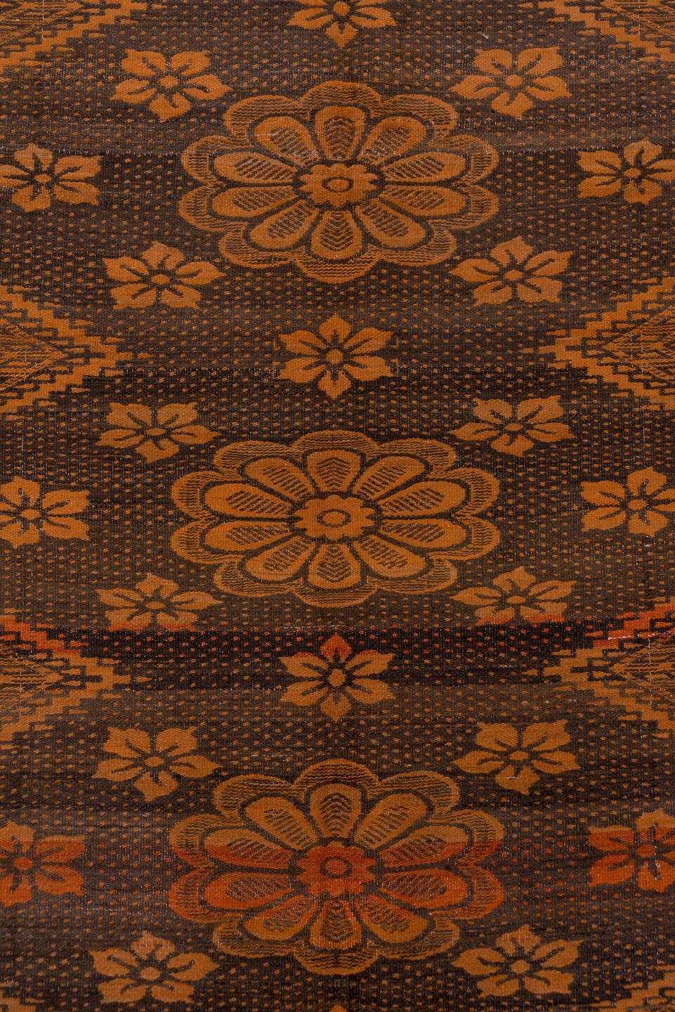 6' x 9' one-of-a-kind handmade antique Kilim medium size rug. Color palette: brown, terra cotta, rust, camel, charcoal