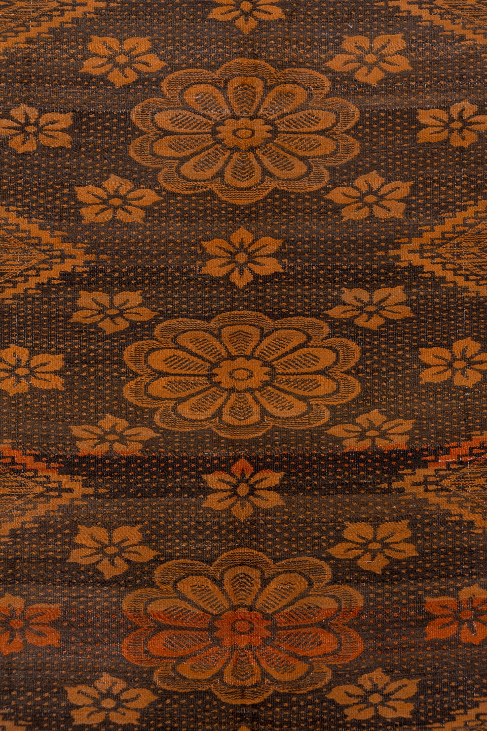 6' x 9' one-of-a-kind handmade antique Kilim medium size rug. Color palette: brown, terra cotta, rust, camel, charcoal