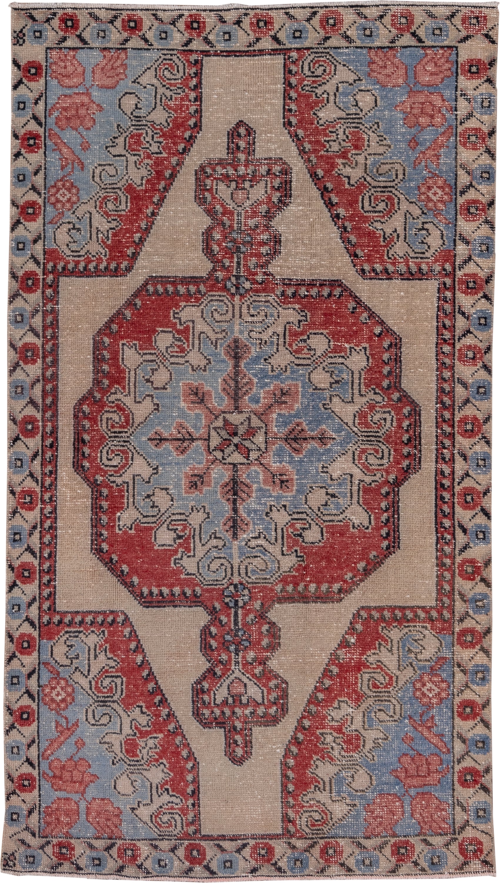 4' x 7' one-of-a-kind handmade vintage Oushak rug. Color palette: ivory, coral, sky_blue, taupe, slate, rose, terracotta