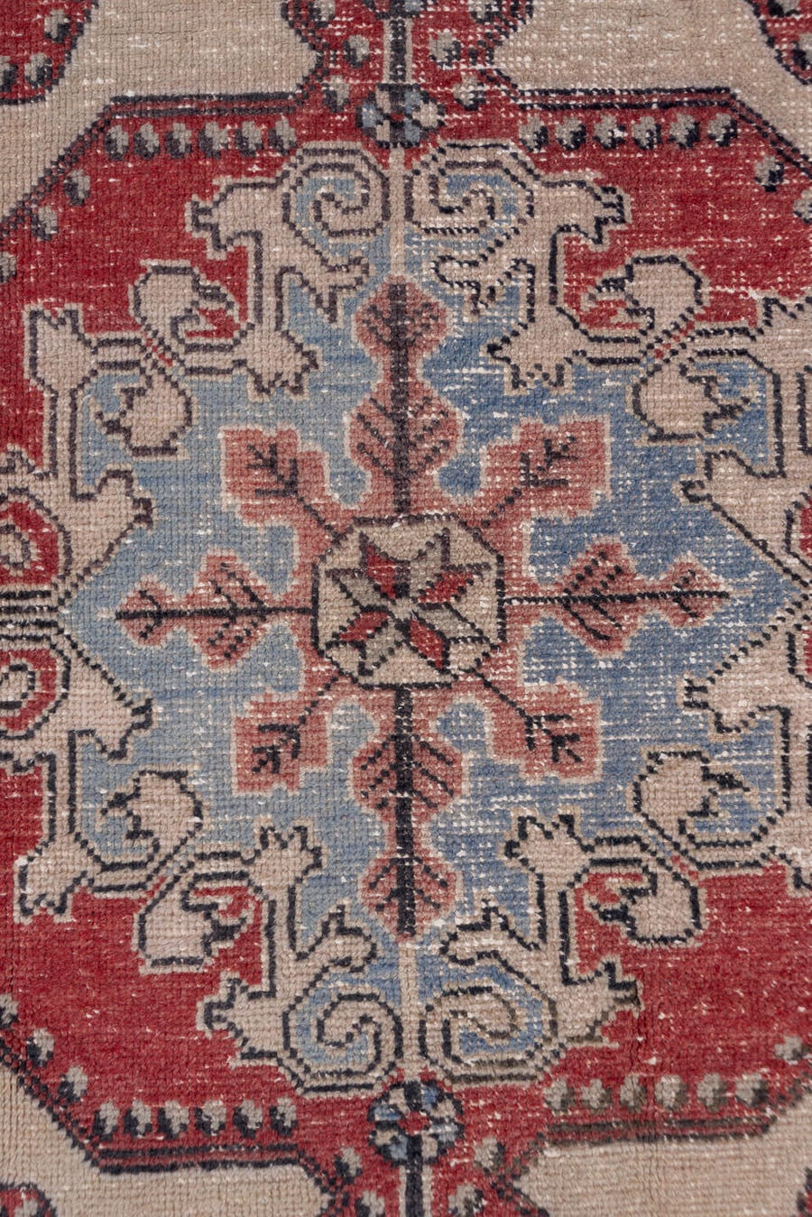 4' x 7' one-of-a-kind handmade vintage Oushak rug. Color palette: ivory, coral, sky_blue, taupe, slate, rose, terracotta