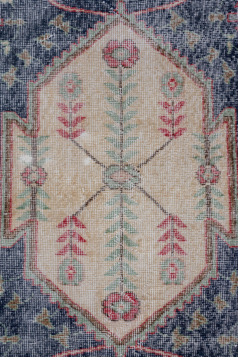 3' x 6' one-of-a-kind handmade vintage Oushak small size rug. Color palette: ivory, slate, sage, coral, rose, taupe, gray