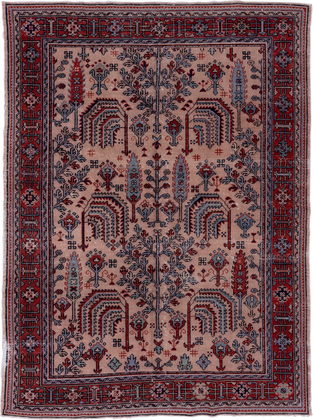 7' x 9' one-of-a-kind handmade antique Oushak rug. Color palette: ivory, rust, slate, charcoal, rose, crimson, terracotta
