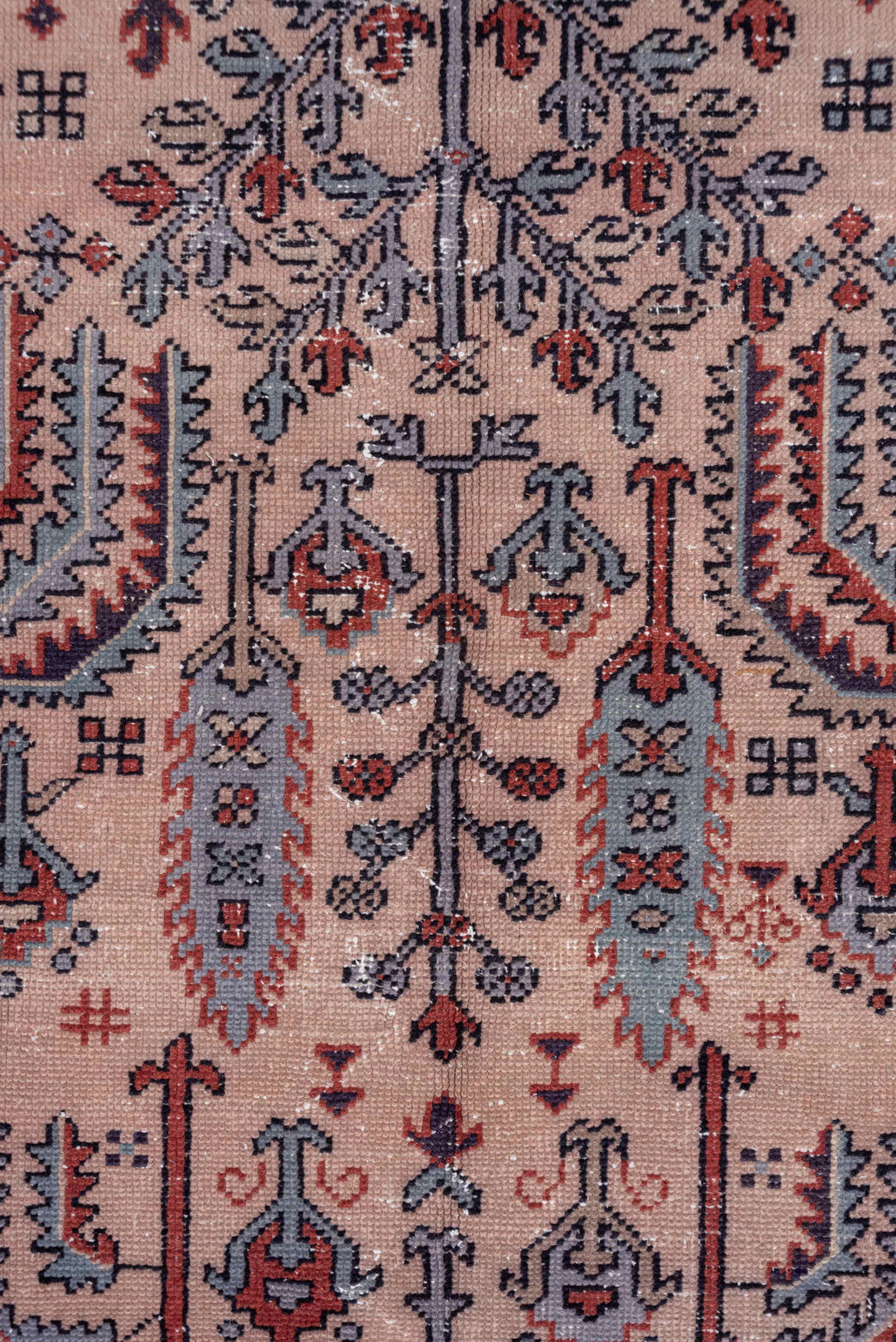 7' x 9' one-of-a-kind handmade antique Oushak rug. Color palette: ivory, rust, slate, charcoal, rose, crimson, terracotta