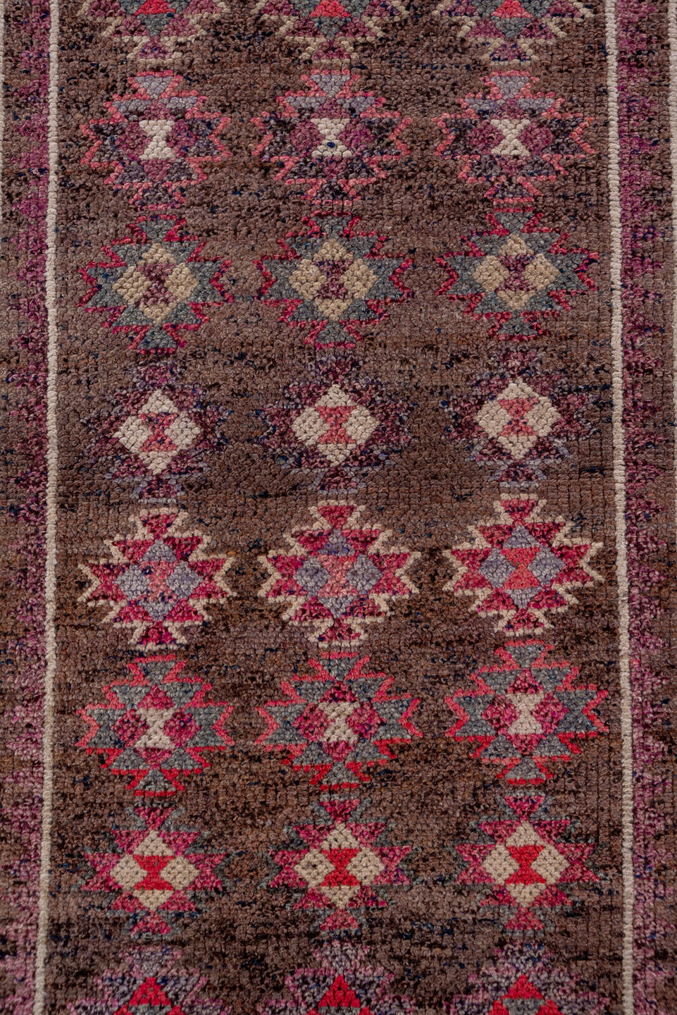 3' x 12' one-of-a-kind handmade antique Kars runner rug. Color palette: brown, rose, ivory, crimson, slate, taupe, mauve