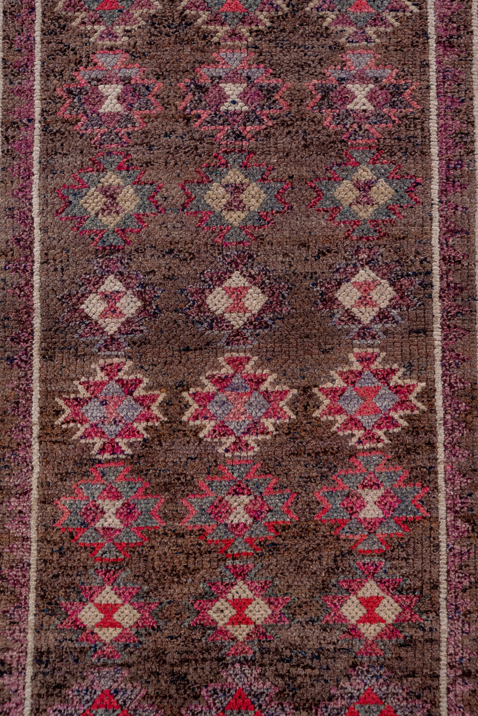 3' x 12' one-of-a-kind handmade antique Kars runner rug. Color palette: brown, rose, ivory, crimson, slate, taupe, mauve