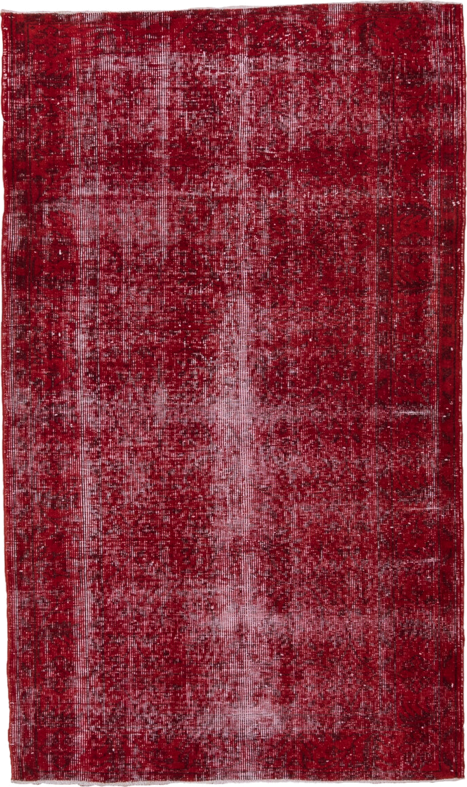 4' x 6' one-of-a-kind handmade antique Overdyed small size rug. Color palette: crimson, rose, burgundy, ivory, red, pink